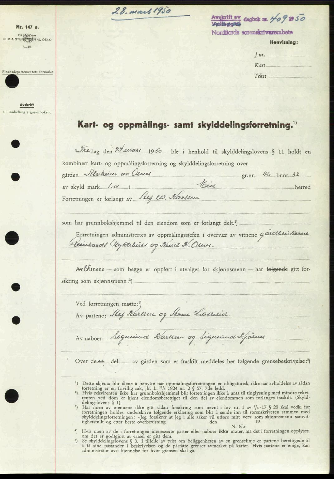 Nordfjord sorenskriveri, SAB/A-2801/02/02b/02bj/L0016a: Mortgage book no. A16 I, 1949-1950, Diary no: : 409/1950