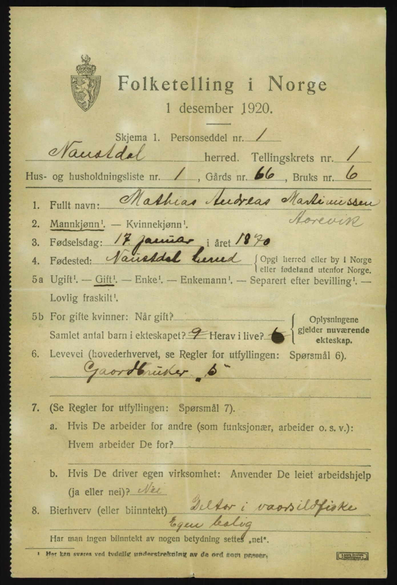 SAB, 1920 census for Naustdal, 1920, p. 863