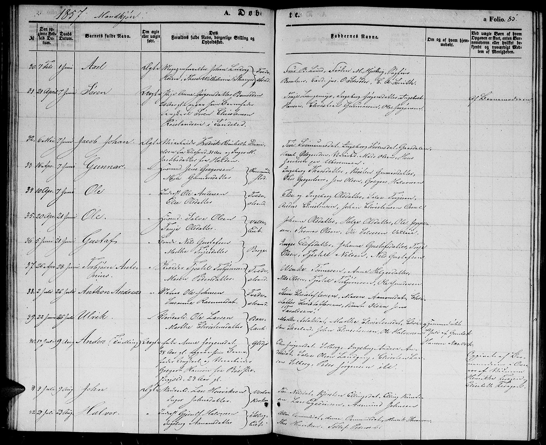 Holt sokneprestkontor, AV/SAK-1111-0021/F/Fb/L0007: Parish register (copy) no. B 7, 1849-1858, p. 85