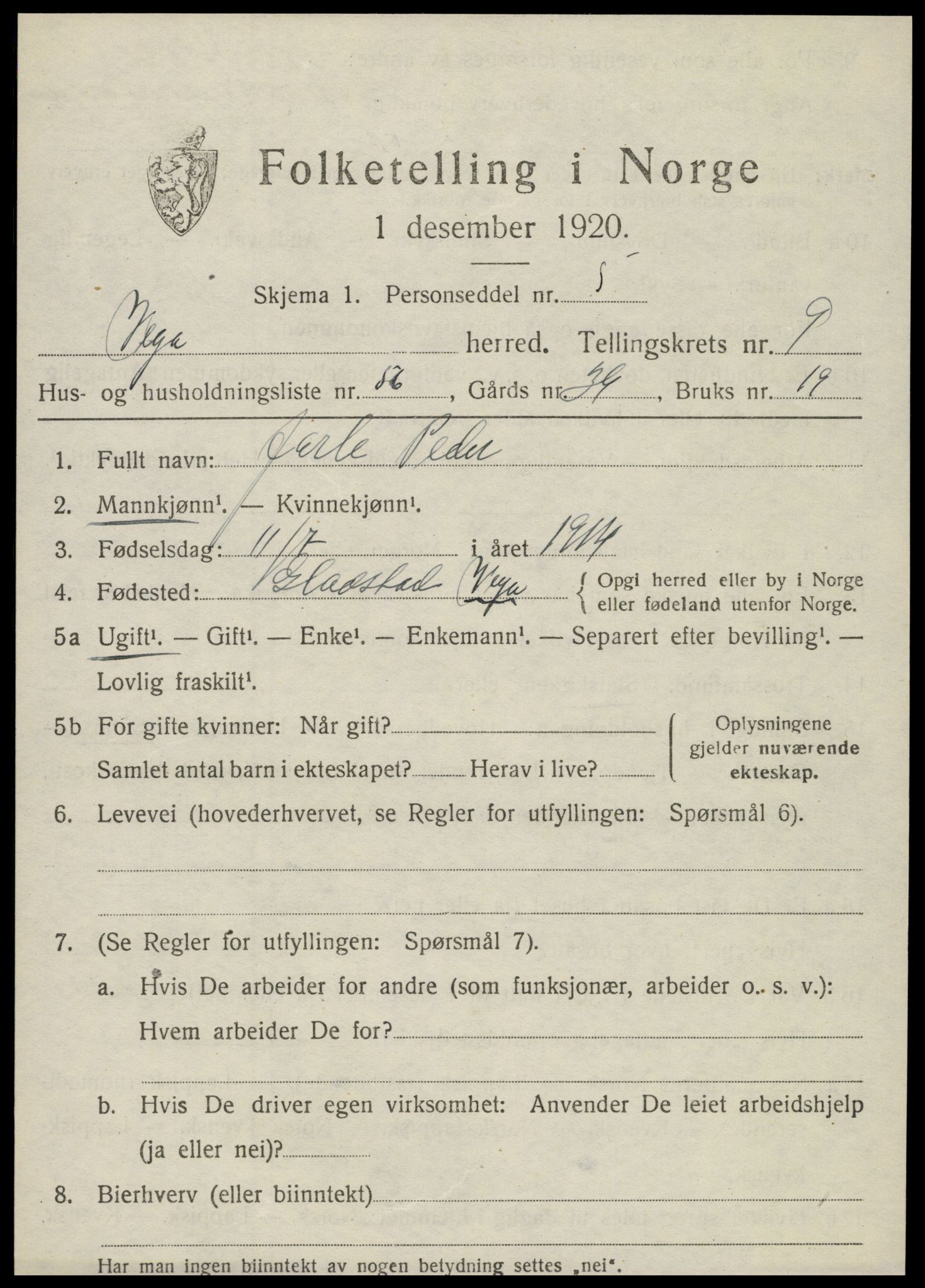 SAT, 1920 census for Vega, 1920, p. 5079