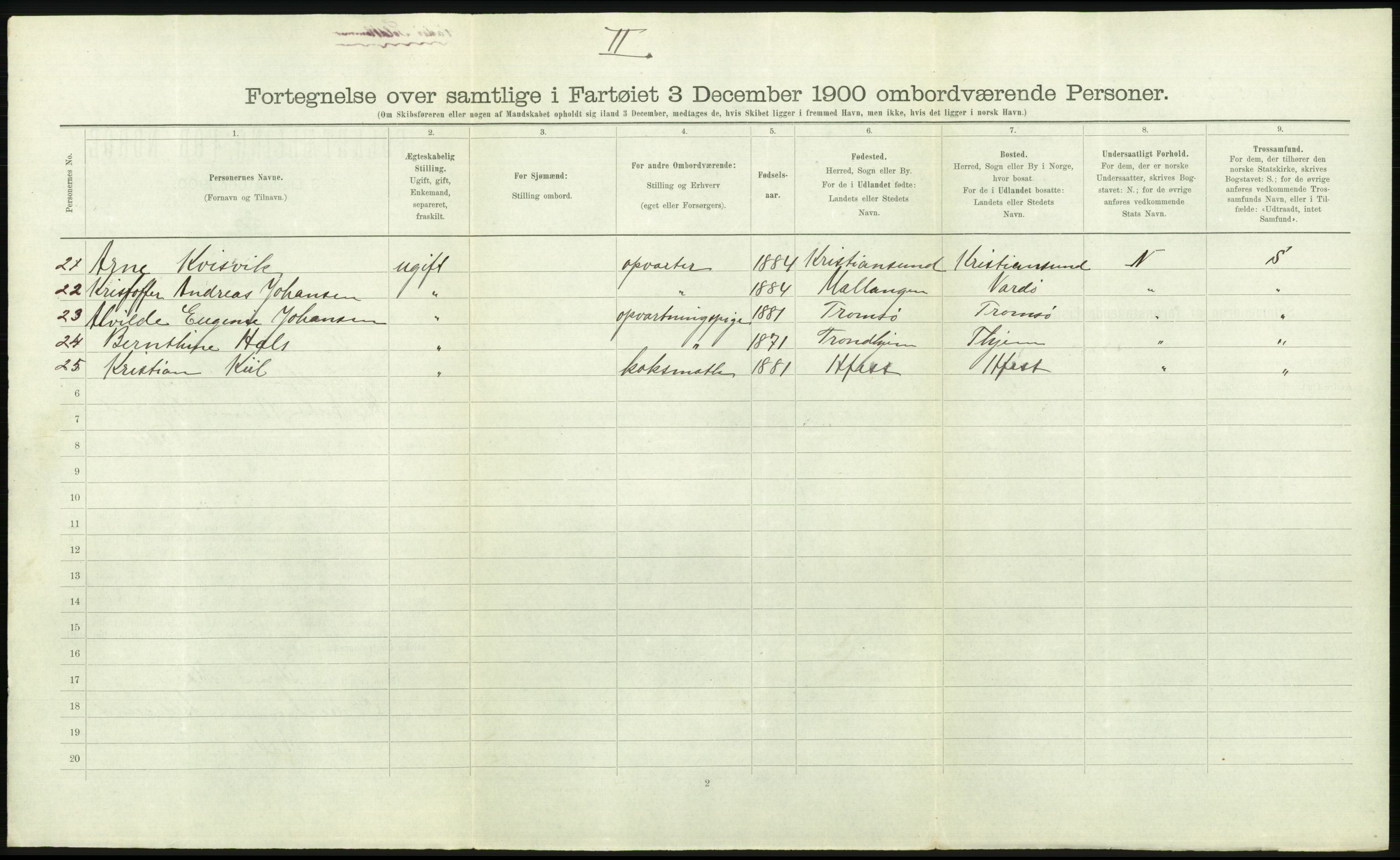 RA, 1900 Census - ship lists from ships in Norwegian harbours, harbours abroad and at sea, 1900, p. 2812