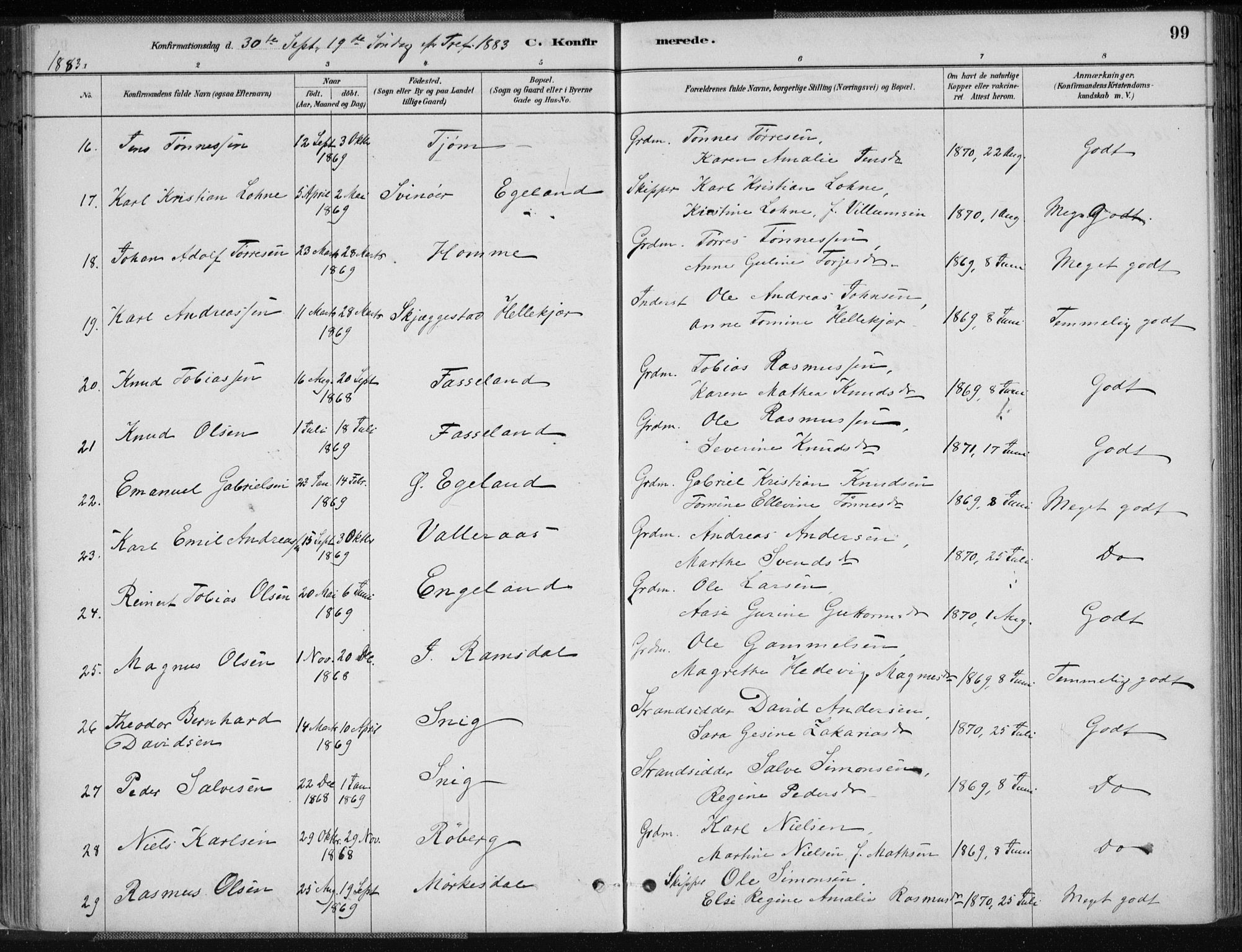 Sør-Audnedal sokneprestkontor, AV/SAK-1111-0039/F/Fa/Fab/L0009: Parish register (official) no. A 9, 1880-1895, p. 99