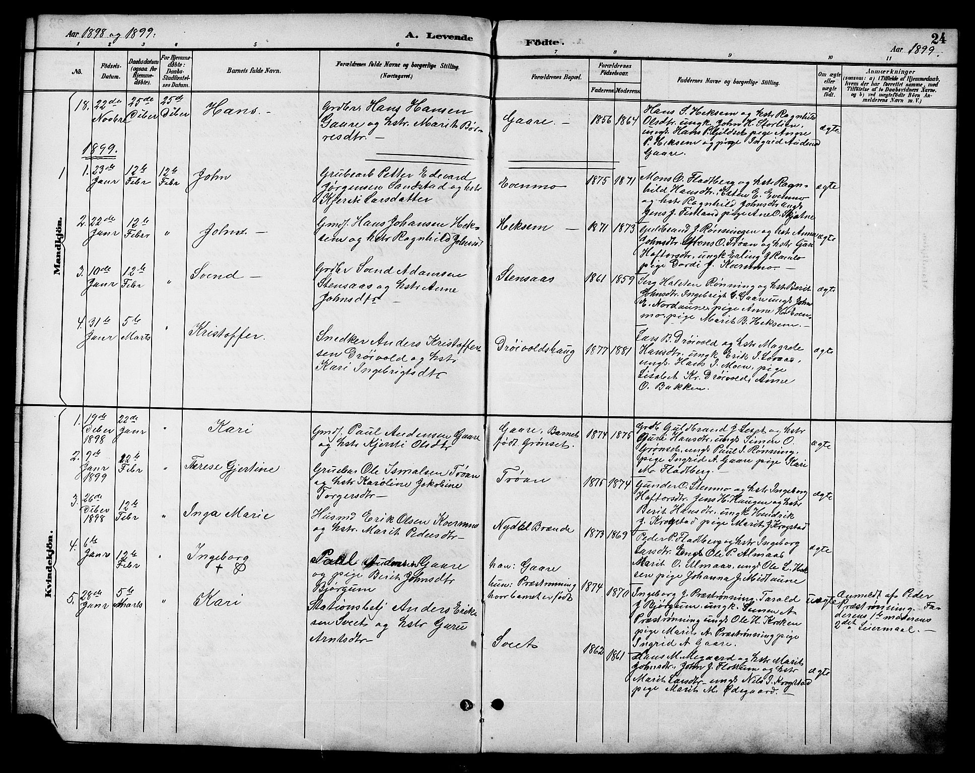 Ministerialprotokoller, klokkerbøker og fødselsregistre - Sør-Trøndelag, SAT/A-1456/685/L0978: Parish register (copy) no. 685C03, 1891-1907, p. 24