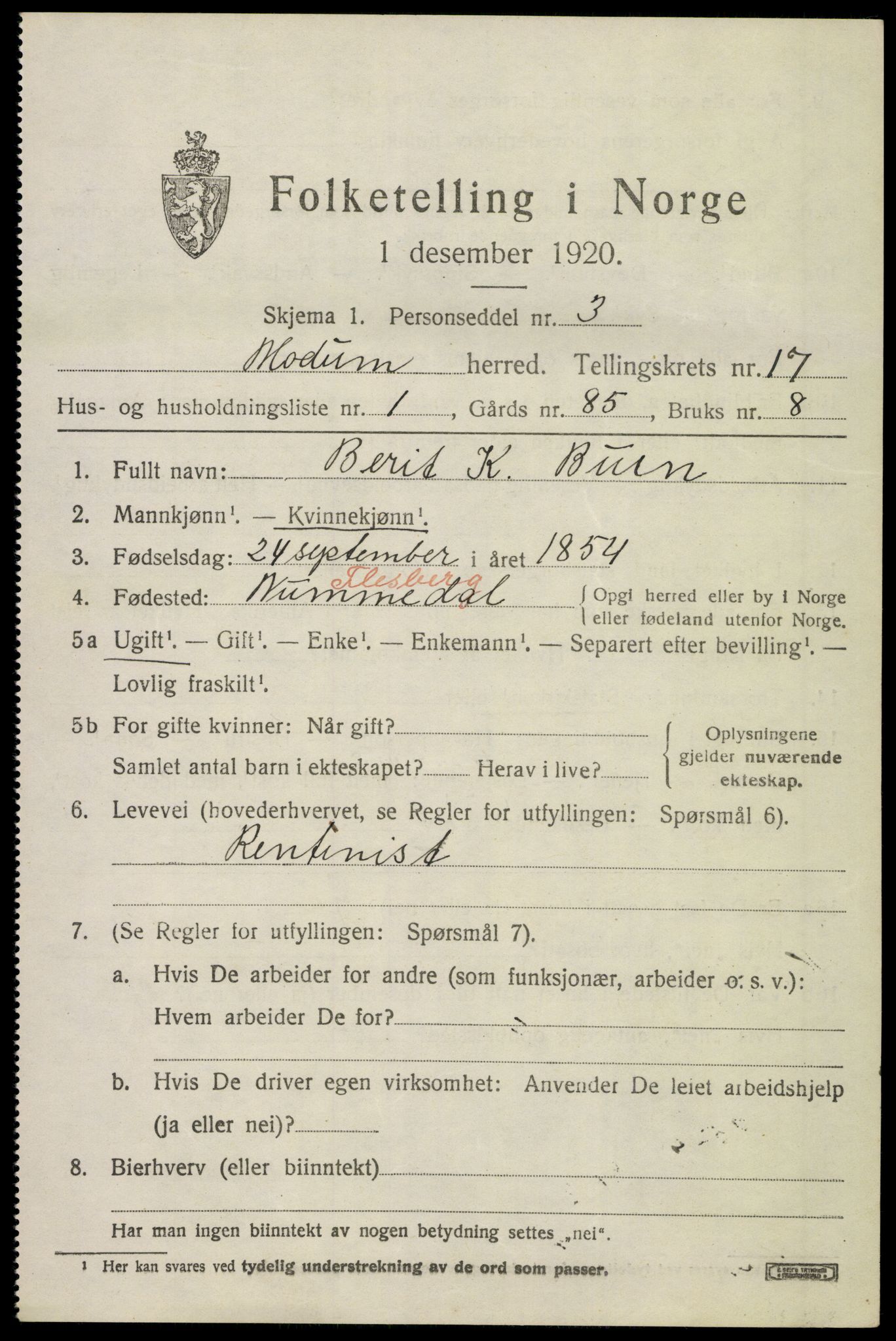 SAKO, 1920 census for Modum, 1920, p. 20205