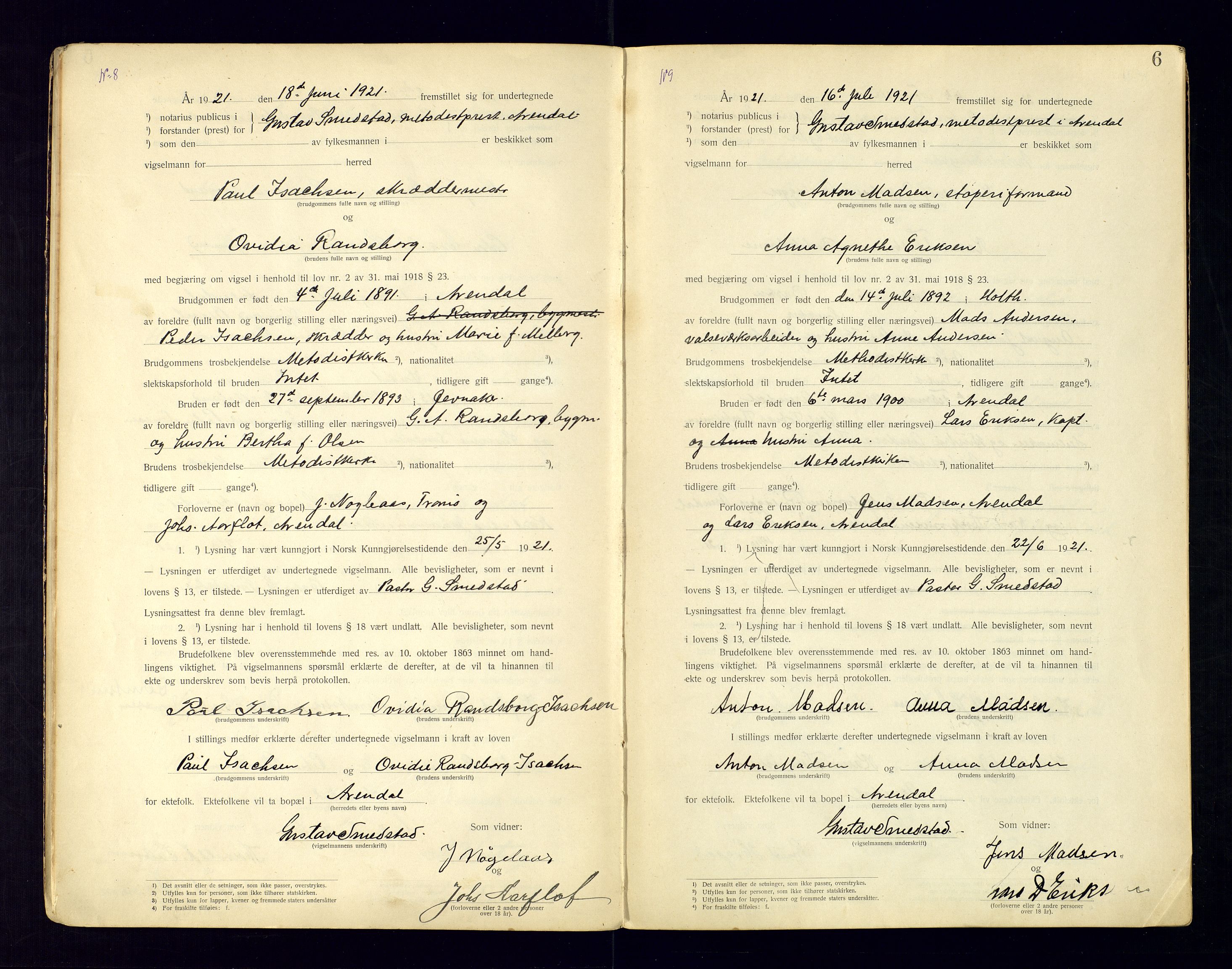 Metodistmenigheten, Arendal, AV/SAK-1292-0011/F/Fc/L0001/0002: Marriage register (dissenter) no. 1.2, 1920-1970, p. 6