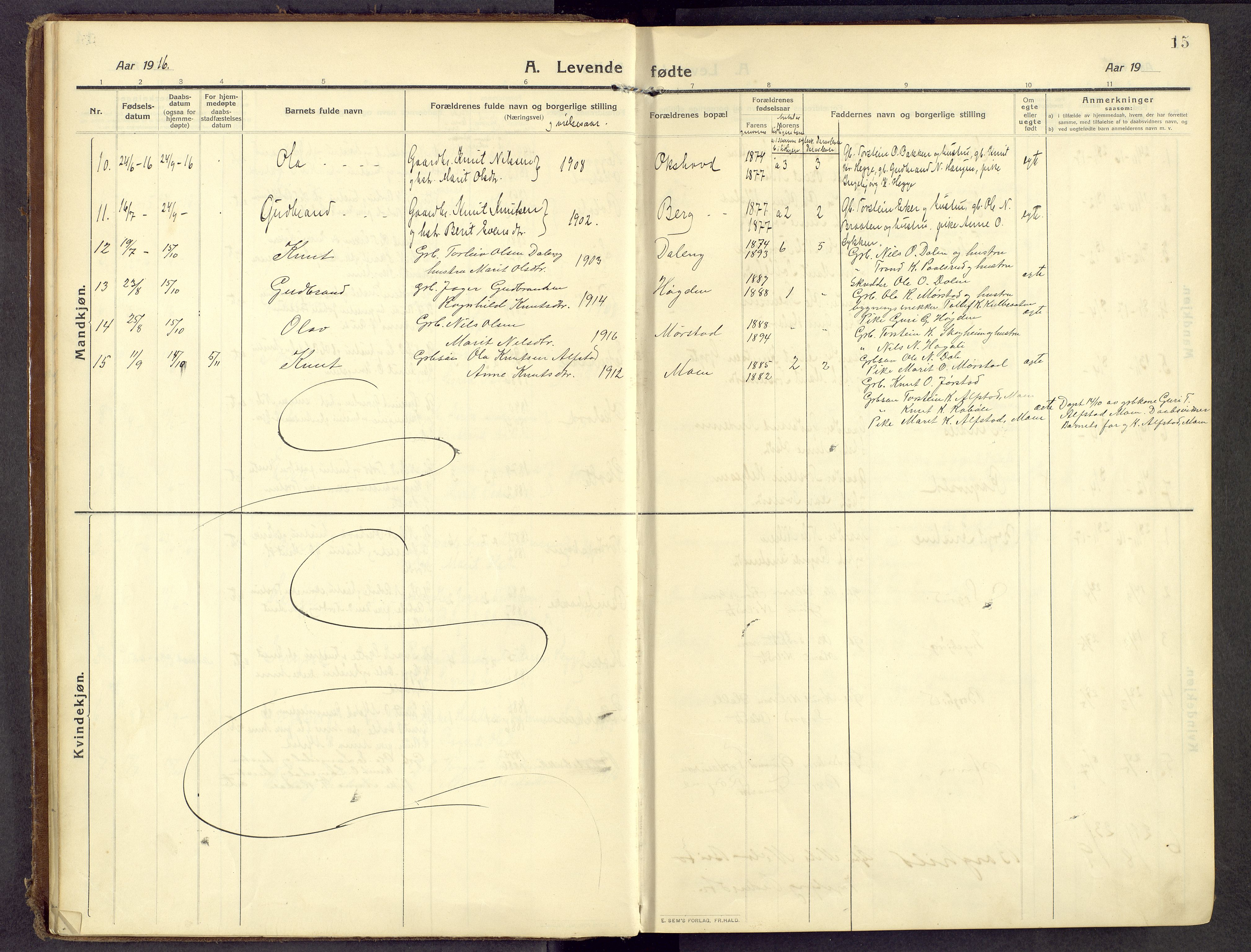 Øystre Slidre prestekontor, AV/SAH-PREST-138/H/Ha/Haa/L0007: Parish register (official) no. 7, 1911-1931, p. 15