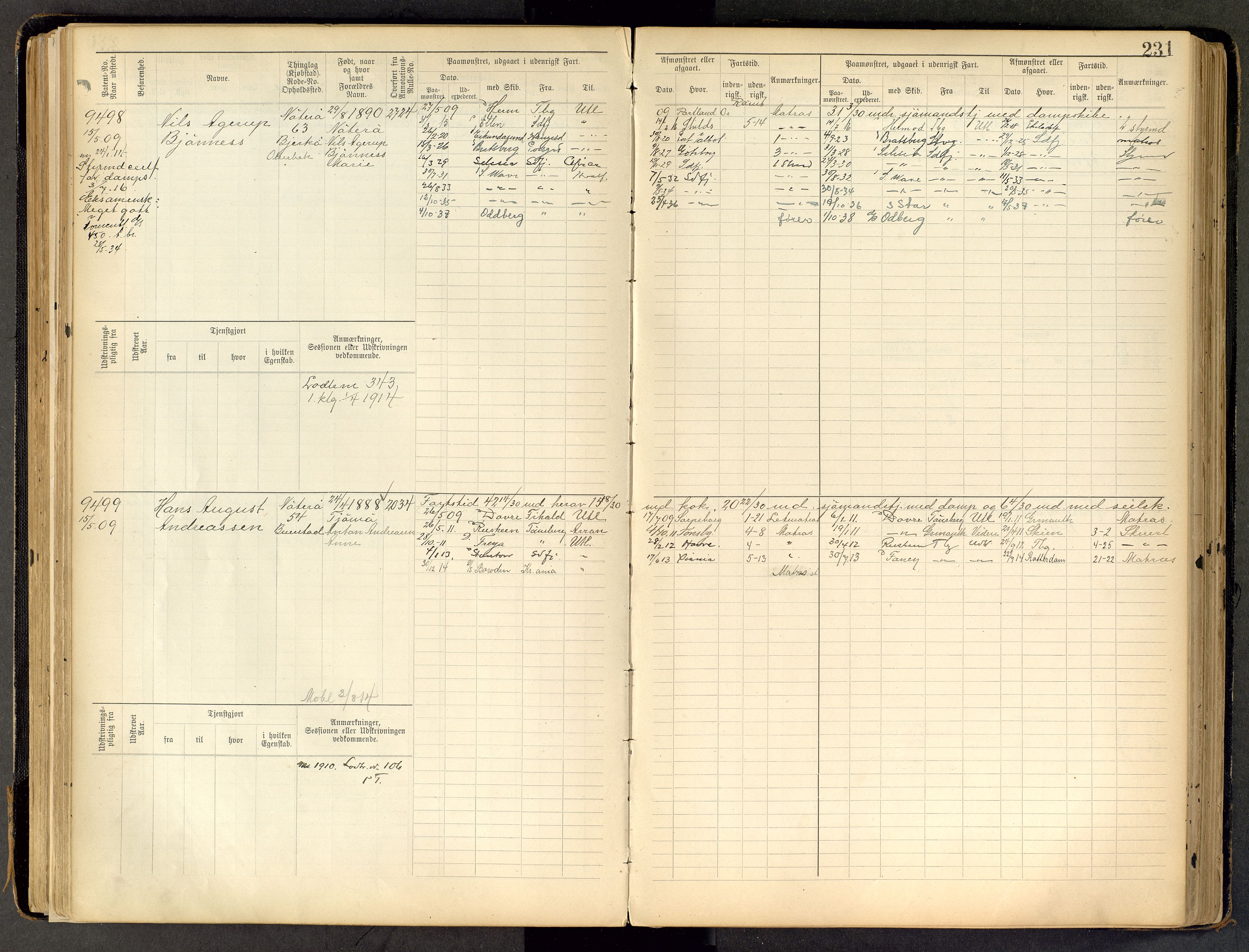 Tønsberg innrulleringskontor, AV/SAKO-A-786/F/Fc/Fca/L0011: Hovedrulle Patent nr. 9038-9992, 1900-1912, p. 231