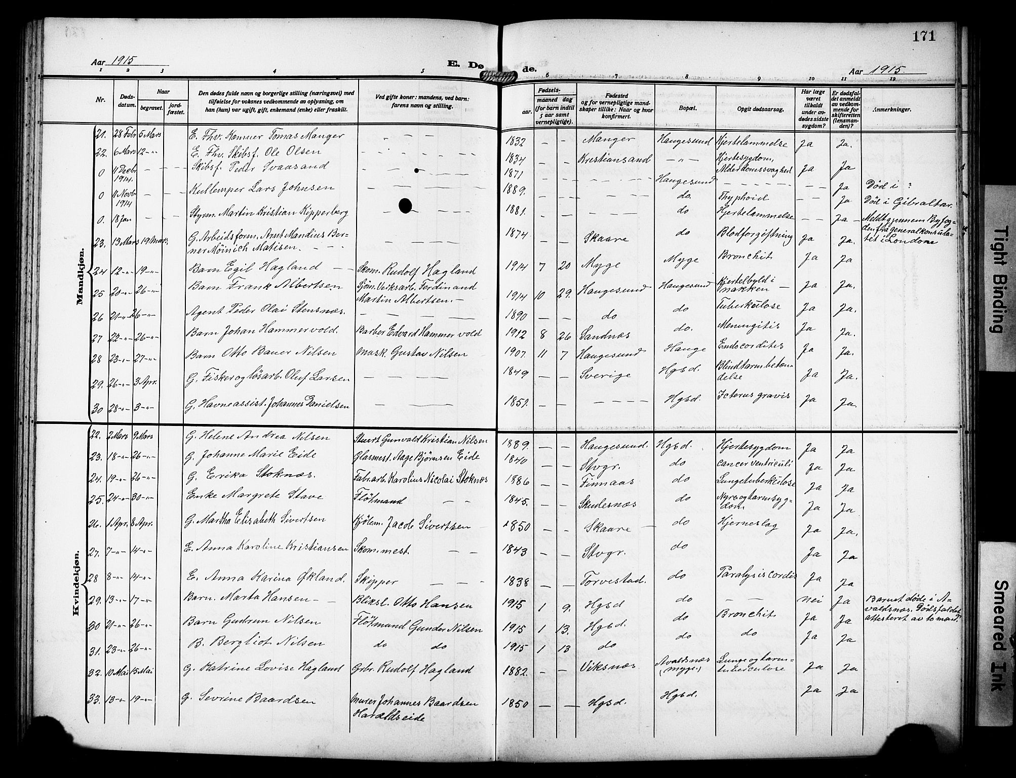 Haugesund sokneprestkontor, SAST/A -101863/H/Ha/Hab/L0008: Parish register (copy) no. B 8, 1909-1921, p. 171