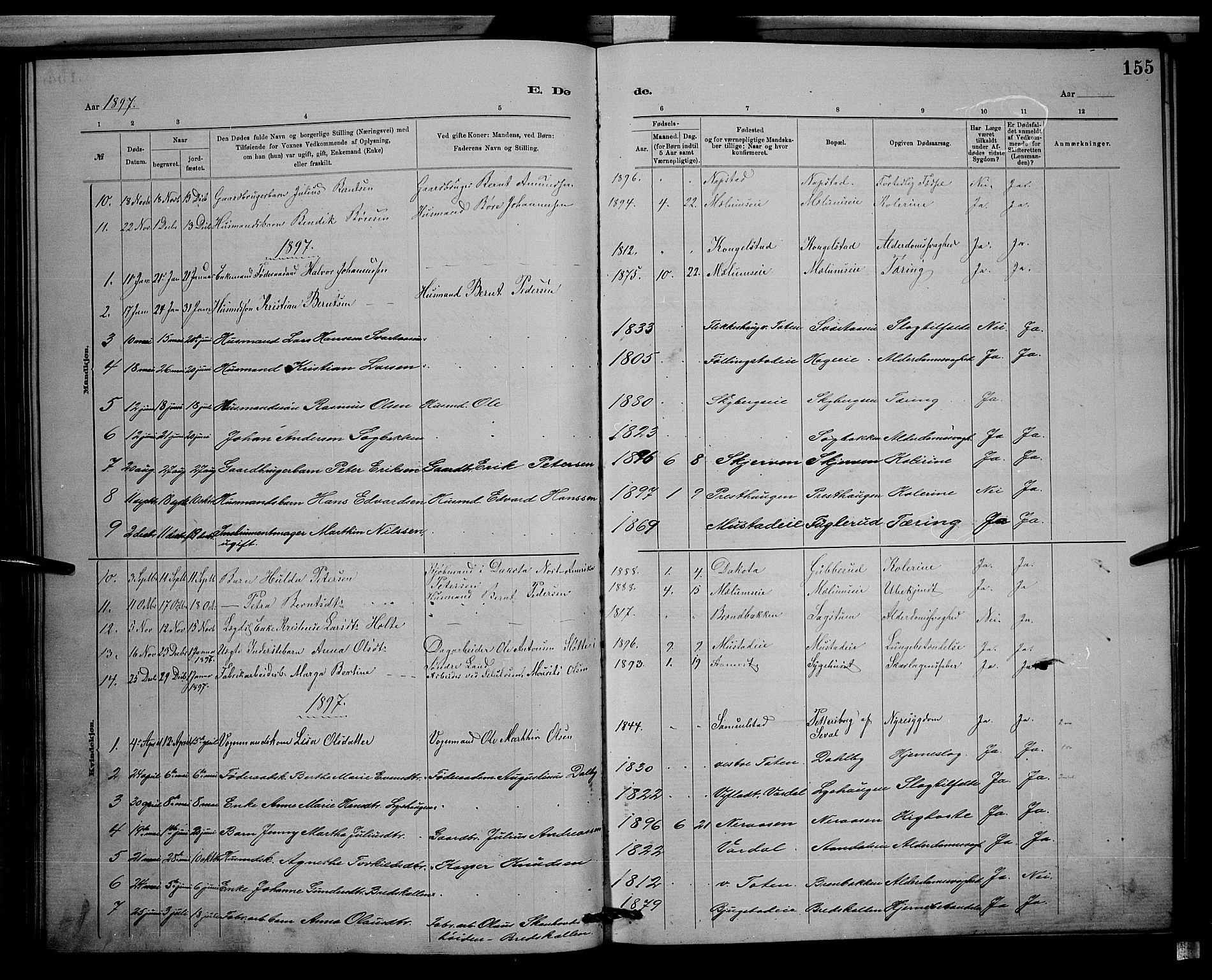 Vardal prestekontor, SAH/PREST-100/H/Ha/Hab/L0008: Parish register (copy) no. 8, 1881-1898, p. 155