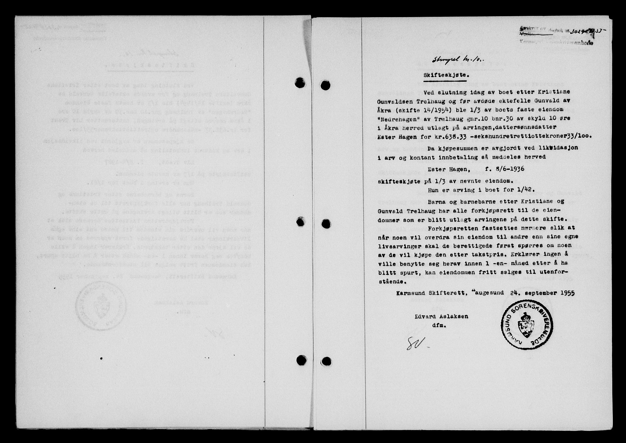 Karmsund sorenskriveri, SAST/A-100311/01/II/IIB/L0117: Mortgage book no. 97Aa, 1955-1955, Diary no: : 3029/1955