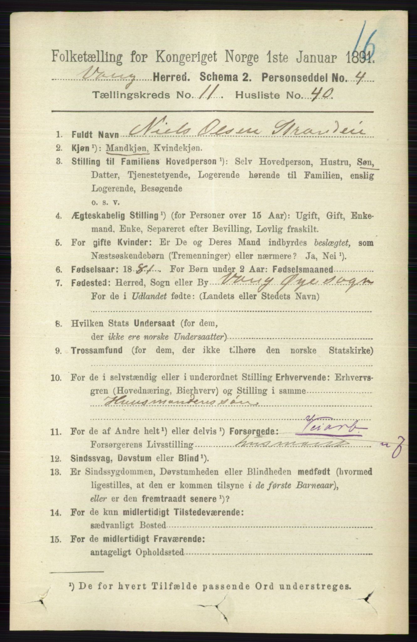 RA, 1891 census for 0545 Vang, 1891, p. 2609