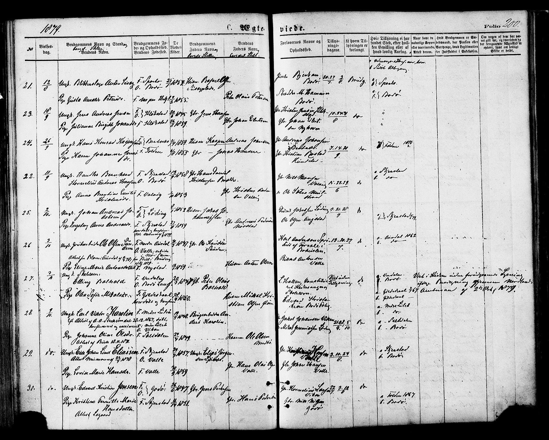Ministerialprotokoller, klokkerbøker og fødselsregistre - Nordland, SAT/A-1459/801/L0009: Parish register (official) no. 801A09, 1876-1883, p. 200