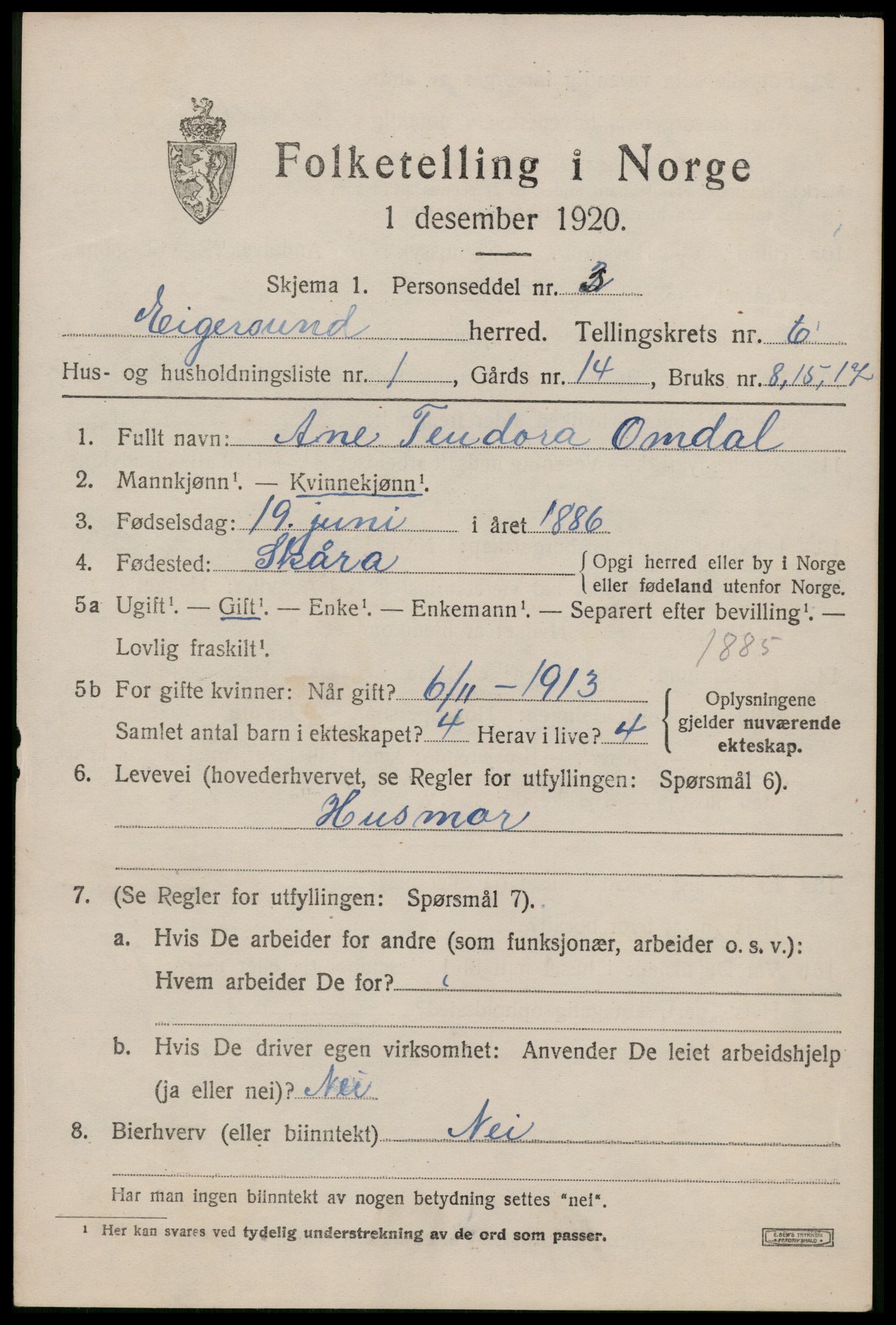 SAST, 1920 census for Eigersund, 1920, p. 3885