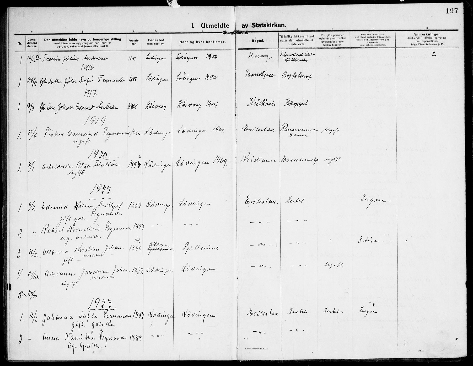 Ministerialprotokoller, klokkerbøker og fødselsregistre - Nordland, AV/SAT-A-1459/872/L1037: Parish register (official) no. 872A12, 1914-1925, p. 197