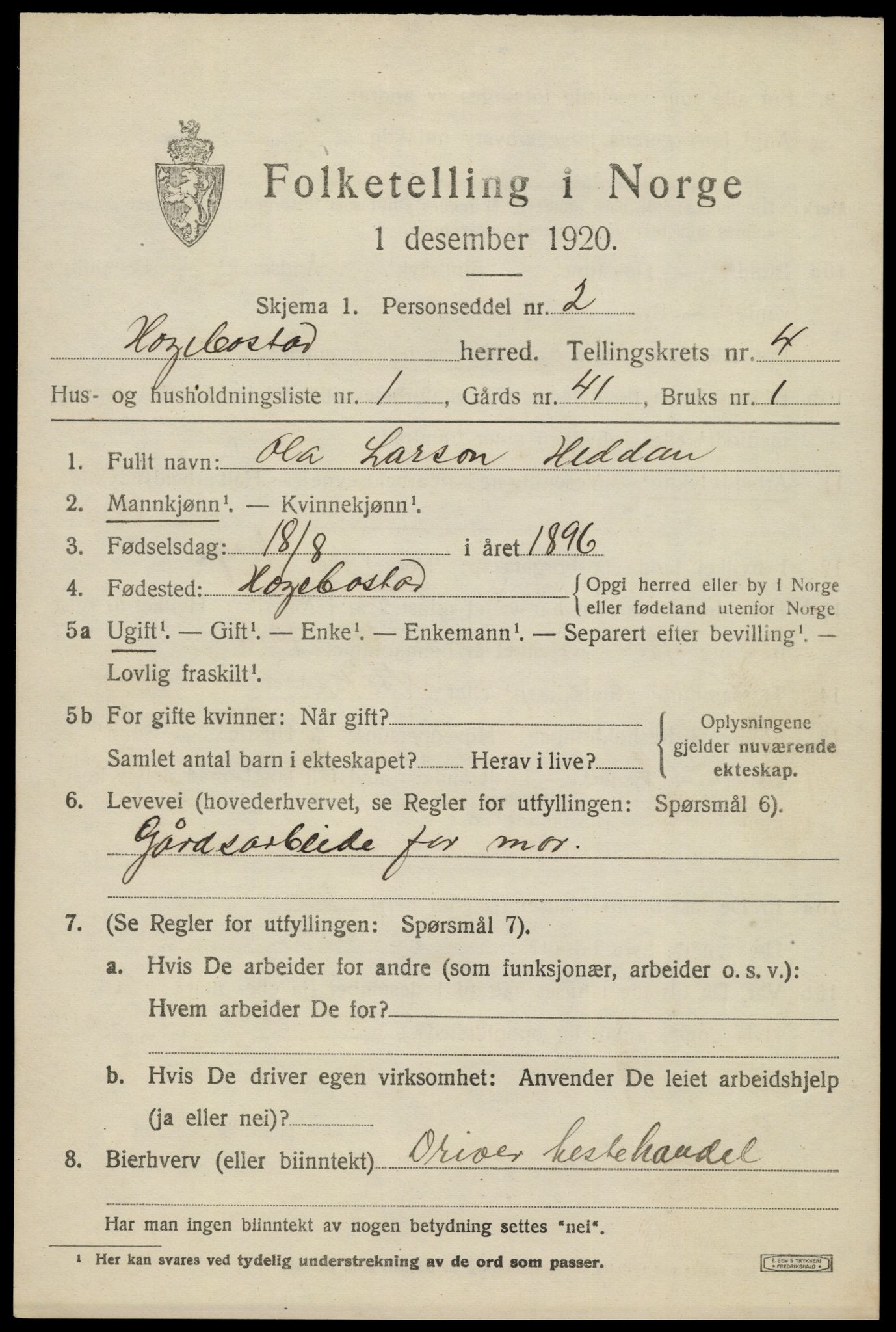 SAK, 1920 census for Hægebostad, 1920, p. 1557