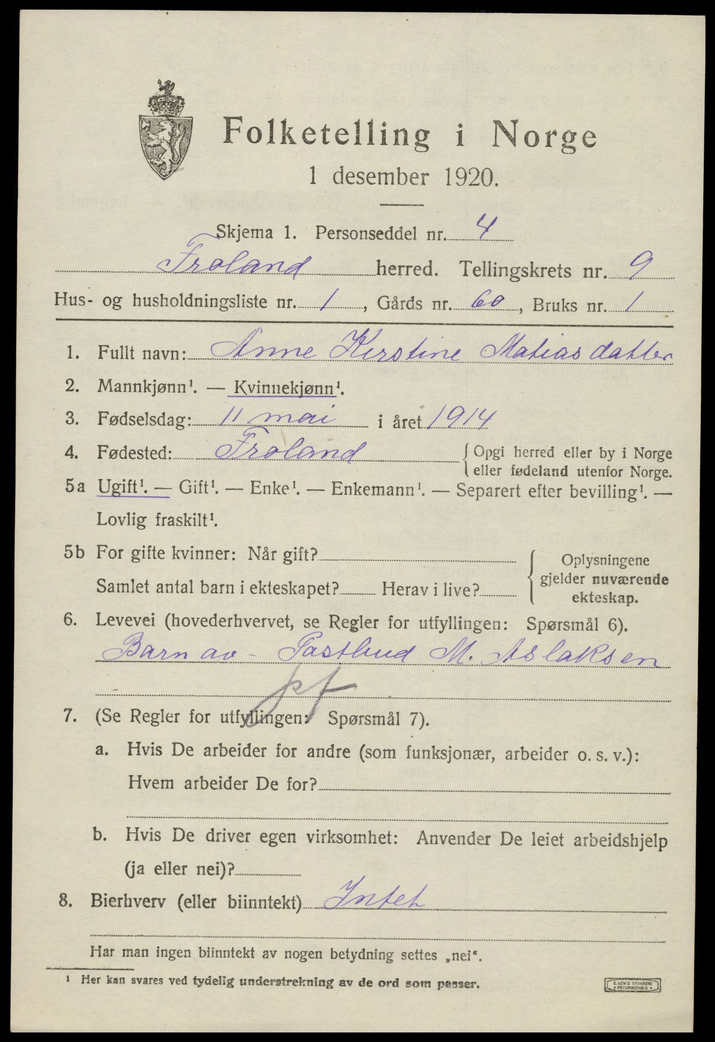 SAK, 1920 census for Froland, 1920, p. 4915