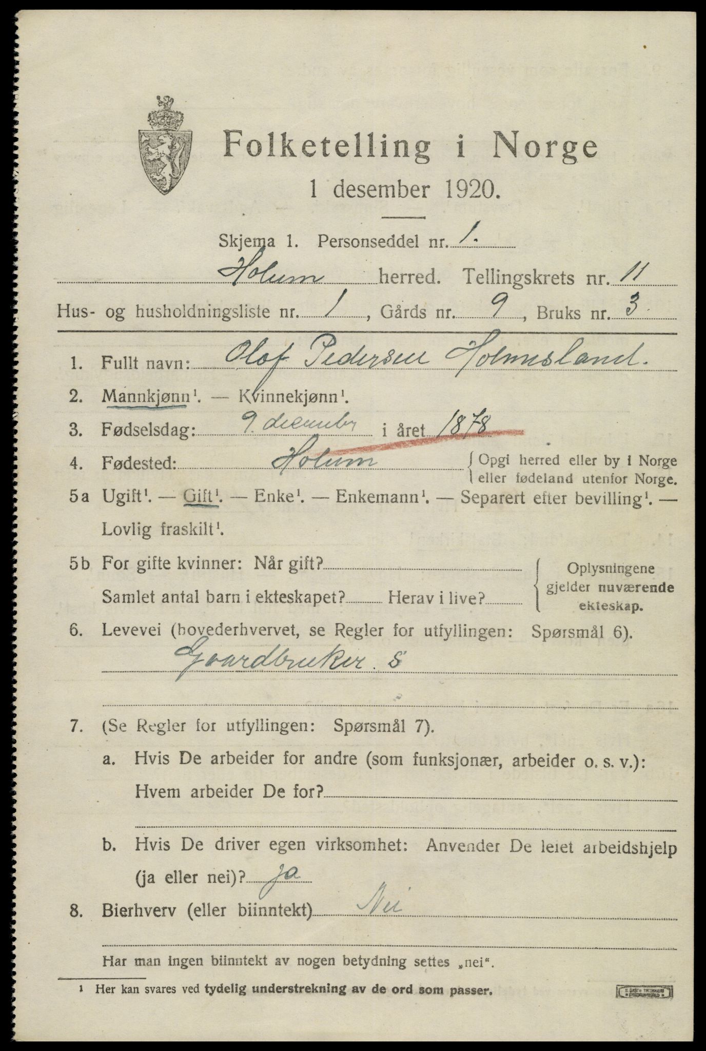 SAK, 1920 census for Holum, 1920, p. 2819