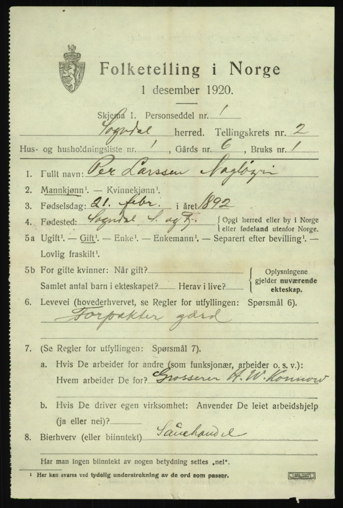 SAB, 1920 census for Sogndal, 1920, p. 1651