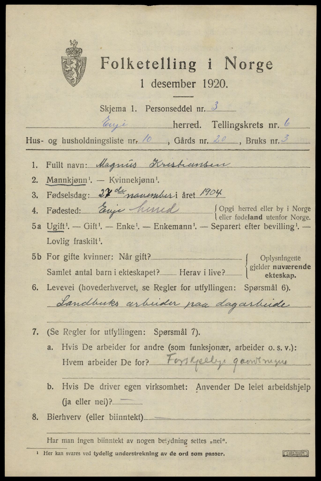 SAK, 1920 census for Evje, 1920, p. 2232