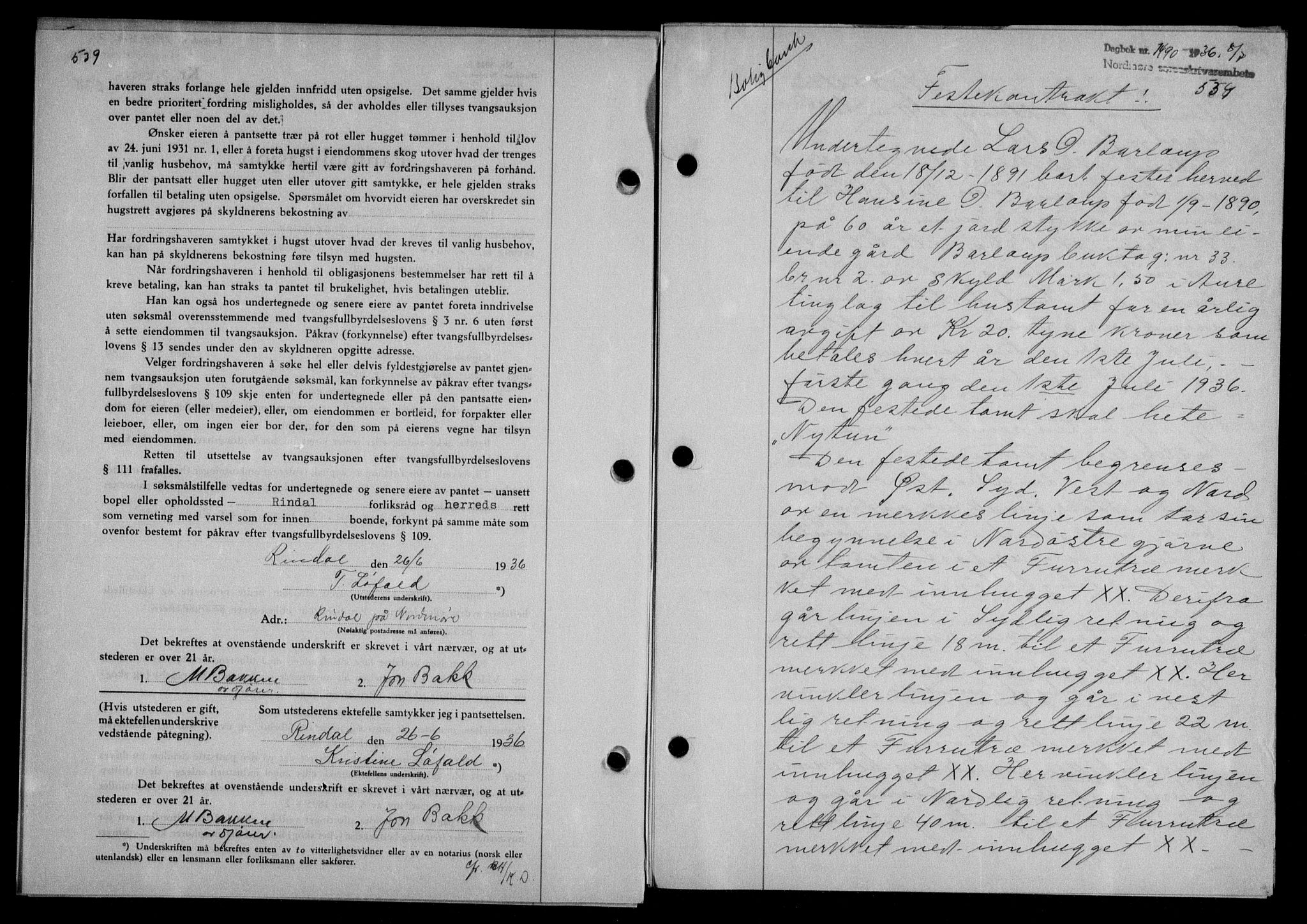 Nordmøre sorenskriveri, AV/SAT-A-4132/1/2/2Ca/L0088: Mortgage book no. 78, 1936-1936, Diary no: : 1490/1936