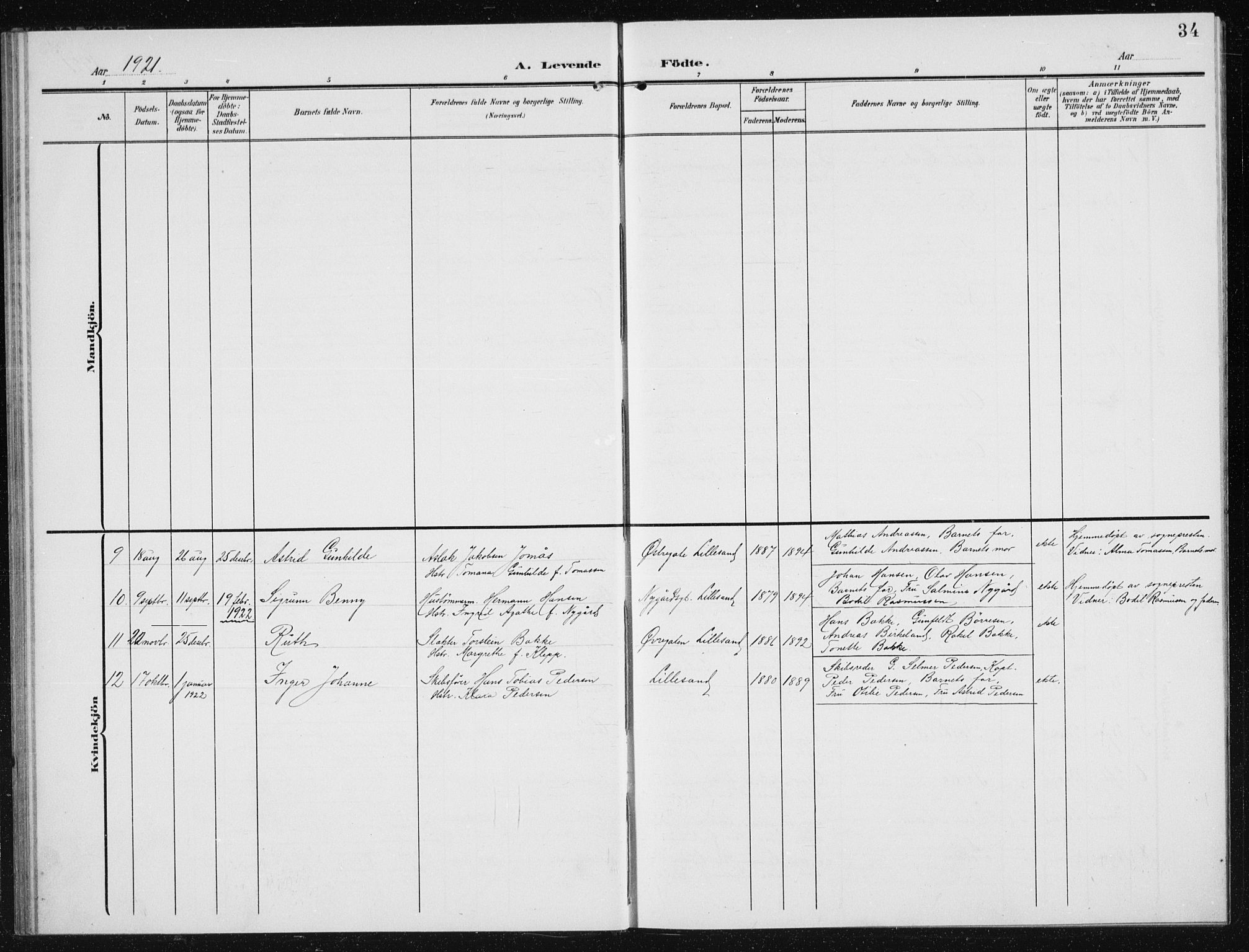 Vestre Moland sokneprestkontor, AV/SAK-1111-0046/F/Fb/Fba/L0002: Parish register (copy) no. B 2, 1904-1934, p. 34