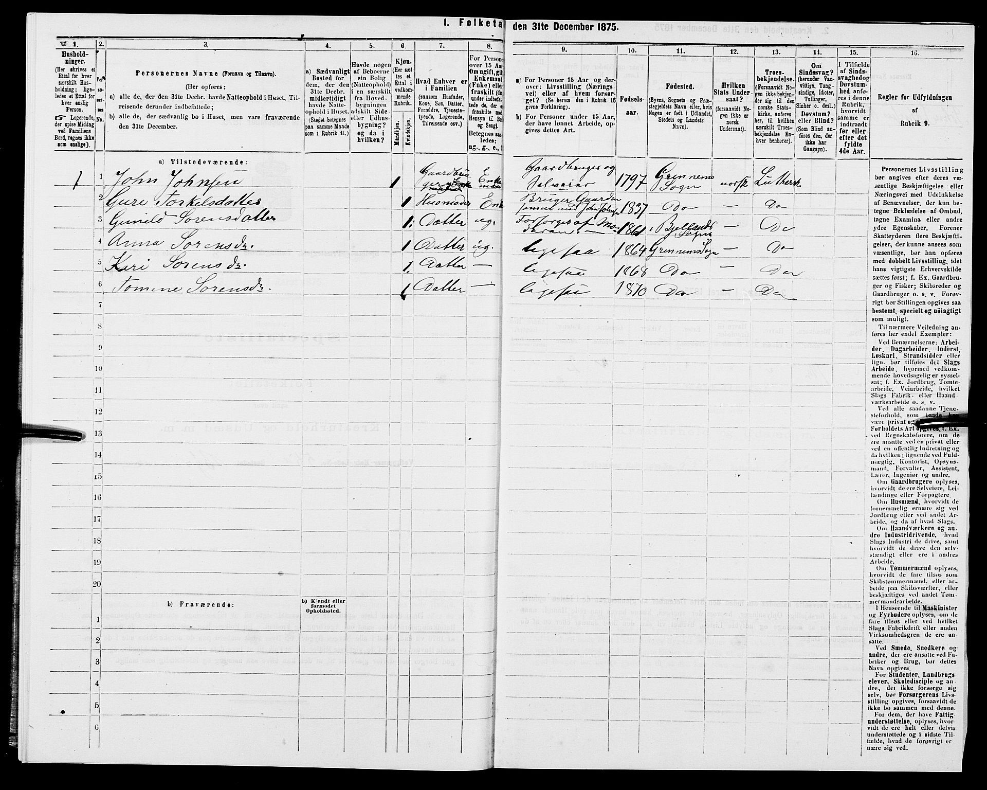 SAK, 1875 census for 1024P Bjelland, 1875, p. 523