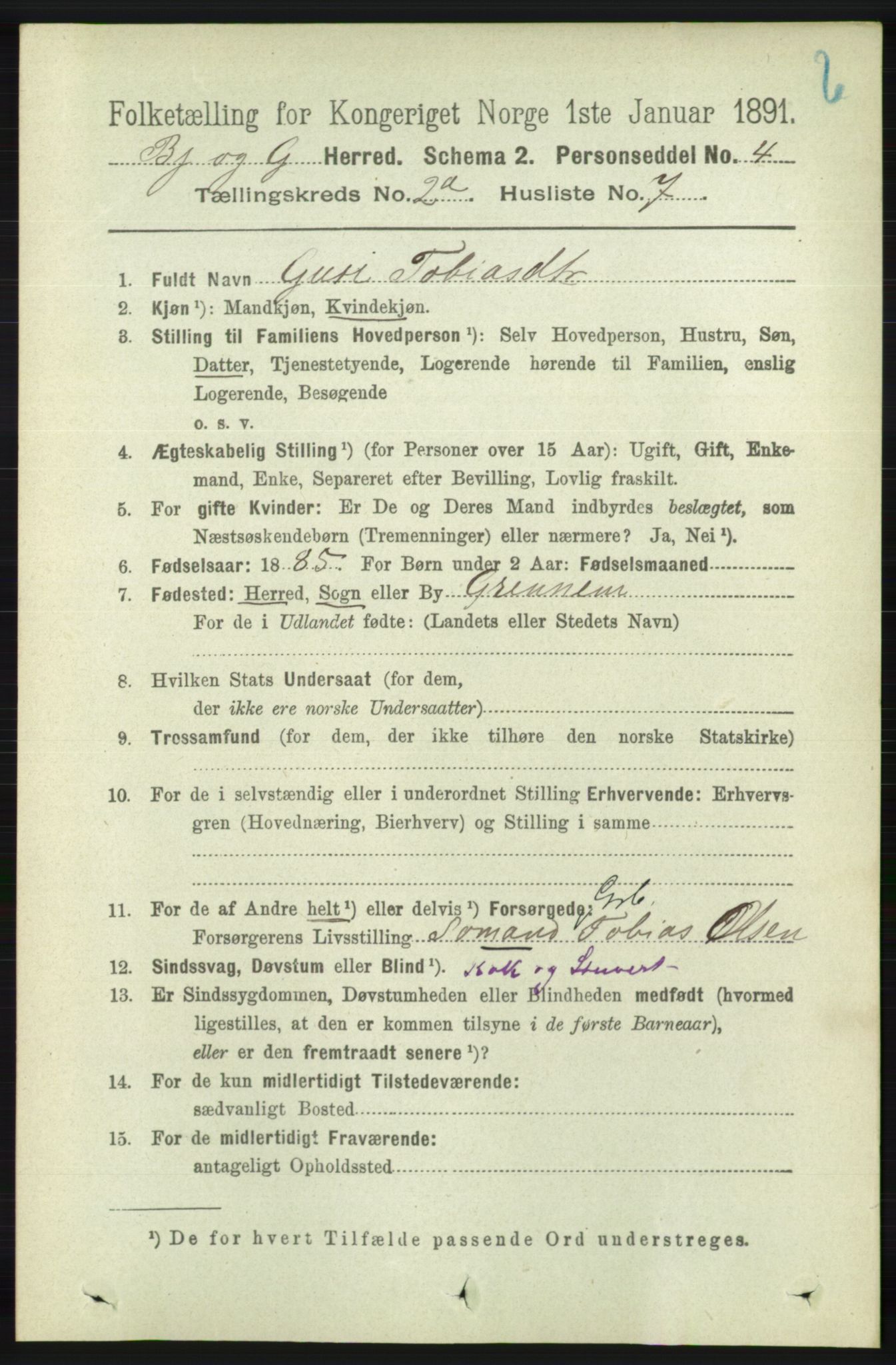 RA, 1891 census for 1024 Bjelland og Grindheim, 1891, p. 348