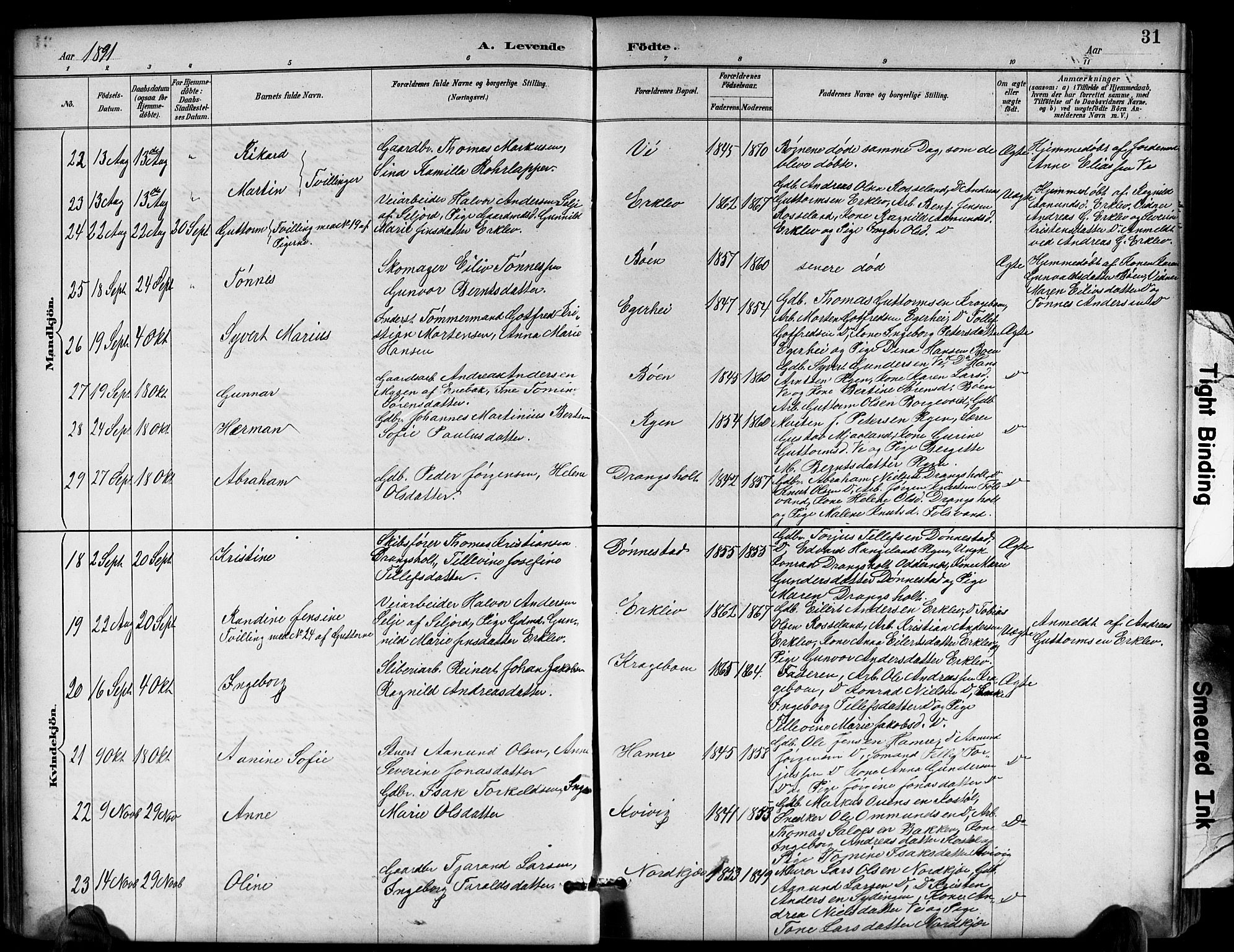 Tveit sokneprestkontor, AV/SAK-1111-0043/F/Fb/L0004: Parish register (copy) no. B 4, 1887-1914, p. 31