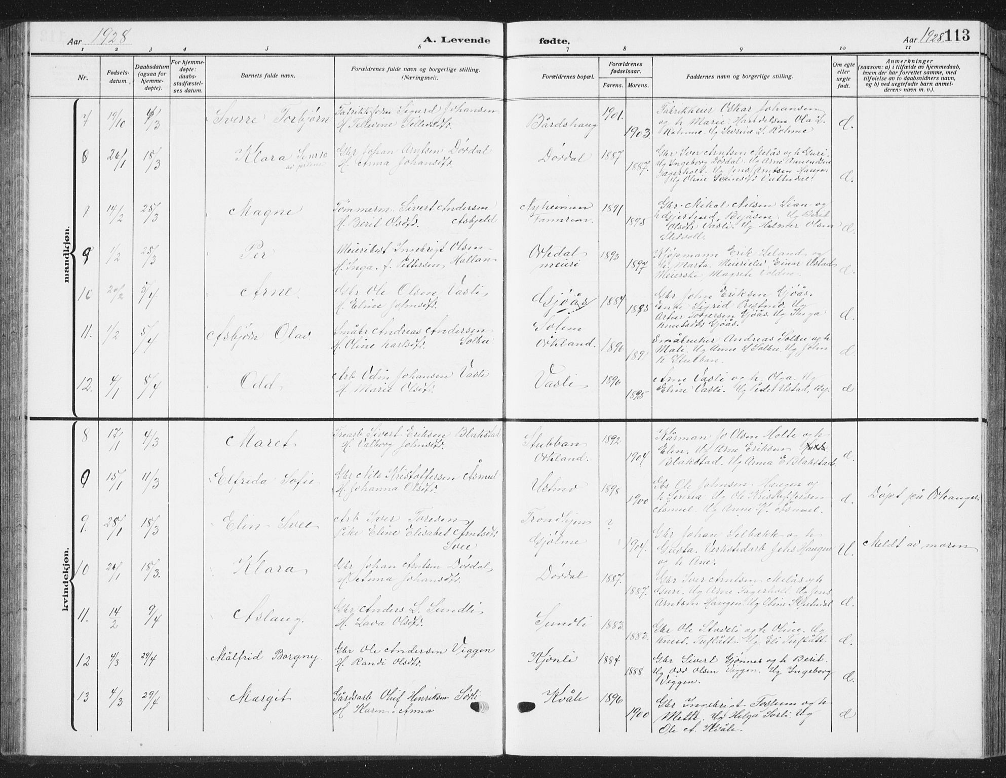 Ministerialprotokoller, klokkerbøker og fødselsregistre - Sør-Trøndelag, SAT/A-1456/668/L0820: Parish register (copy) no. 668C09, 1912-1936, p. 113
