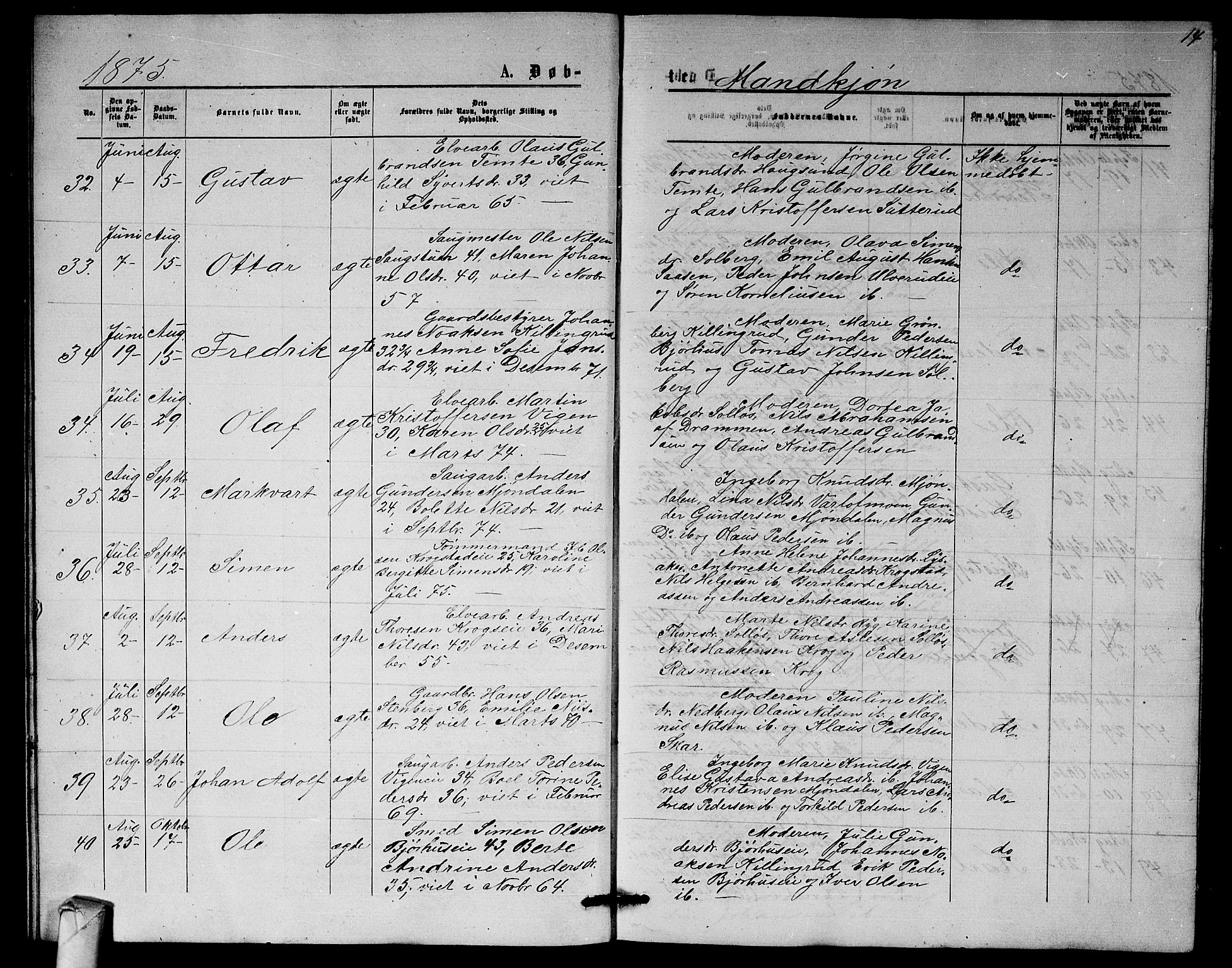 Nedre Eiker kirkebøker, AV/SAKO-A-612/G/Ga/L0001: Parish register (copy) no. 1, 1873-1880, p. 14