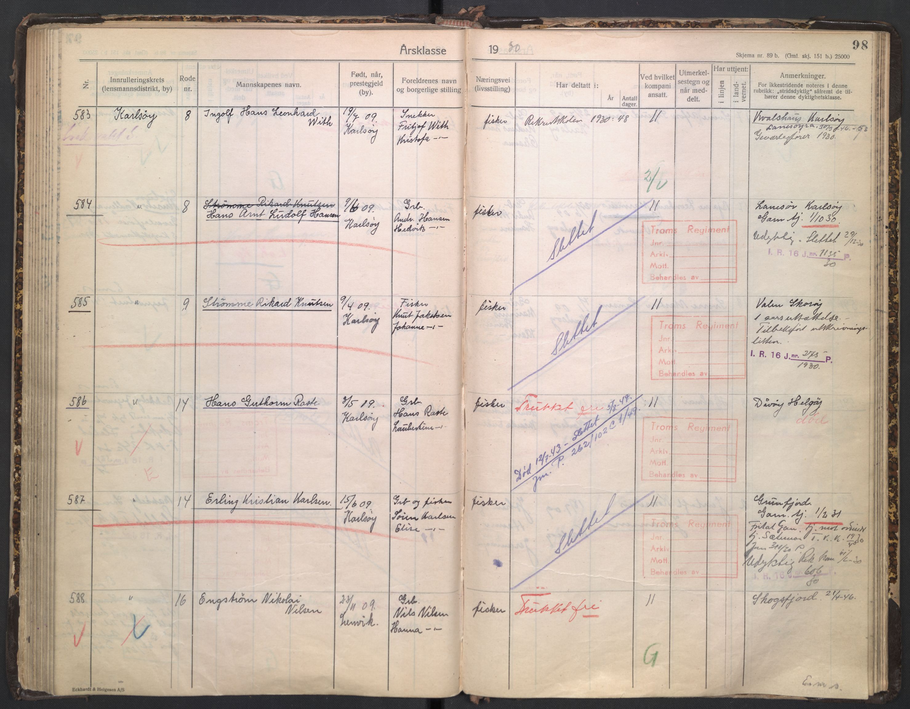 Forsvaret, Troms infanteriregiment nr. 16, AV/RA-RAFA-3146/P/Pa/L0005/0003: Ruller / Rulle for regimentets stridende menige mannskaper, årsklasse 1930, 1930, p. 98