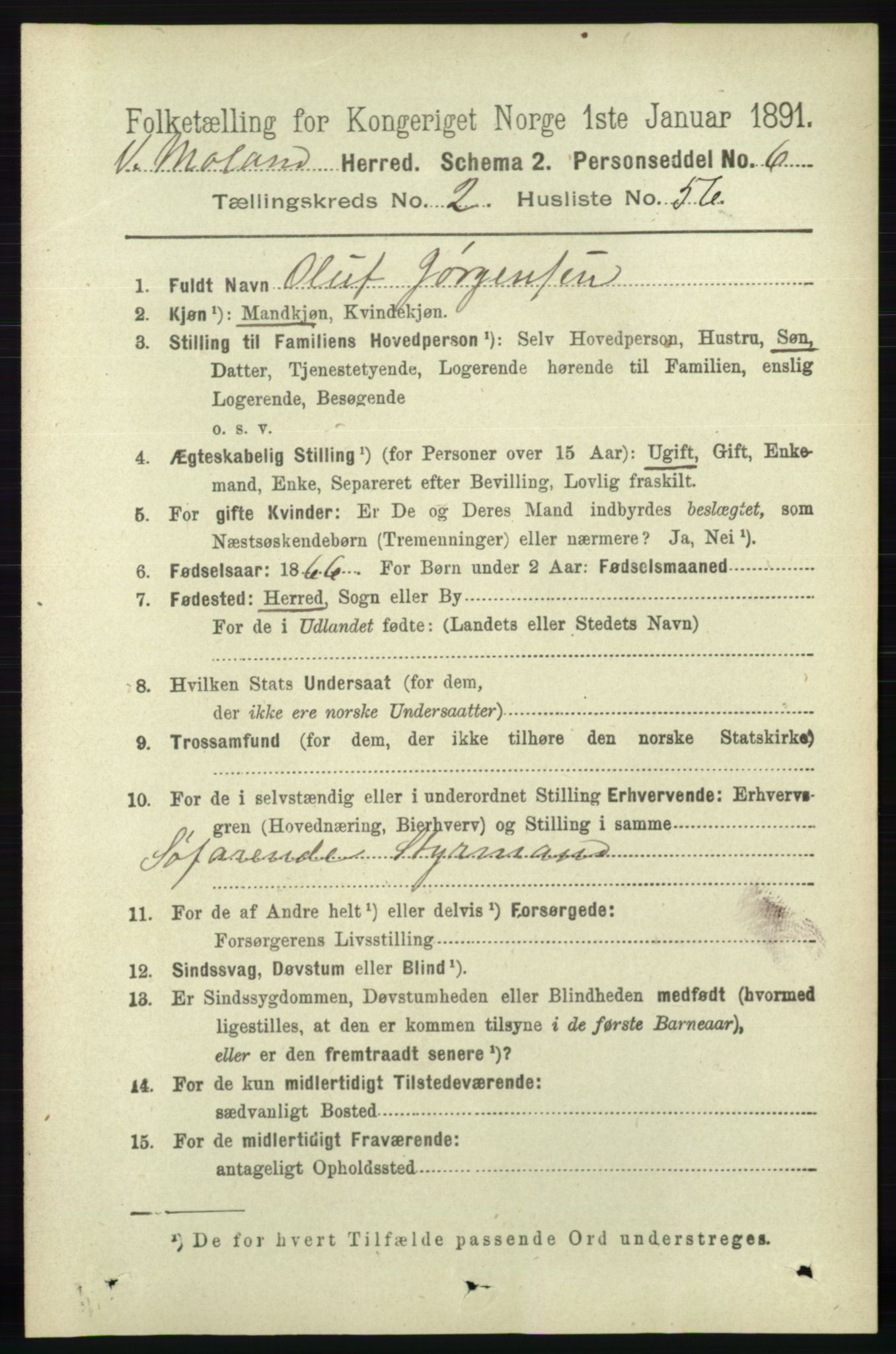 RA, 1891 census for 0926 Vestre Moland, 1891, p. 917