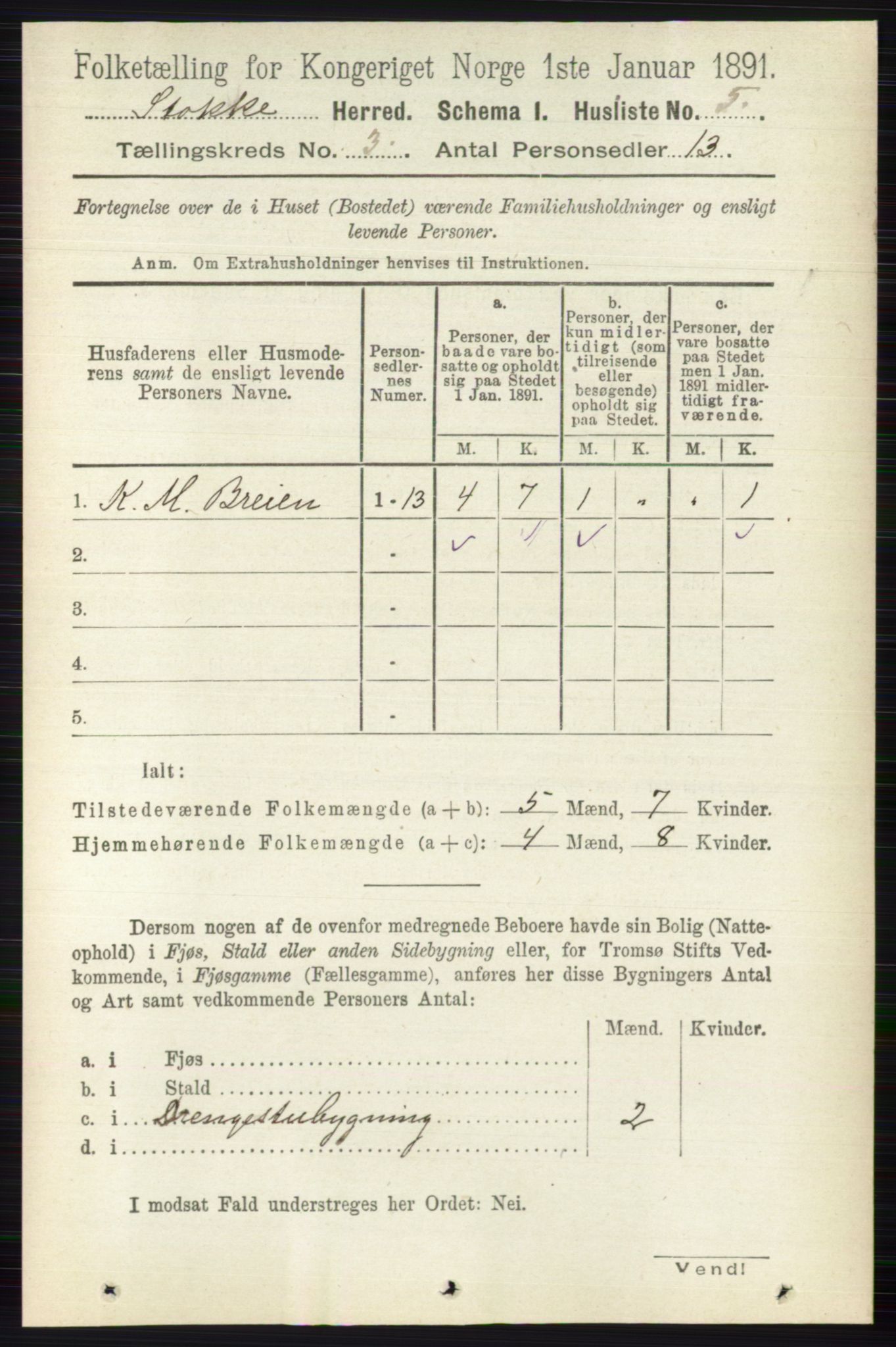 RA, 1891 census for 0720 Stokke, 1891, p. 1440