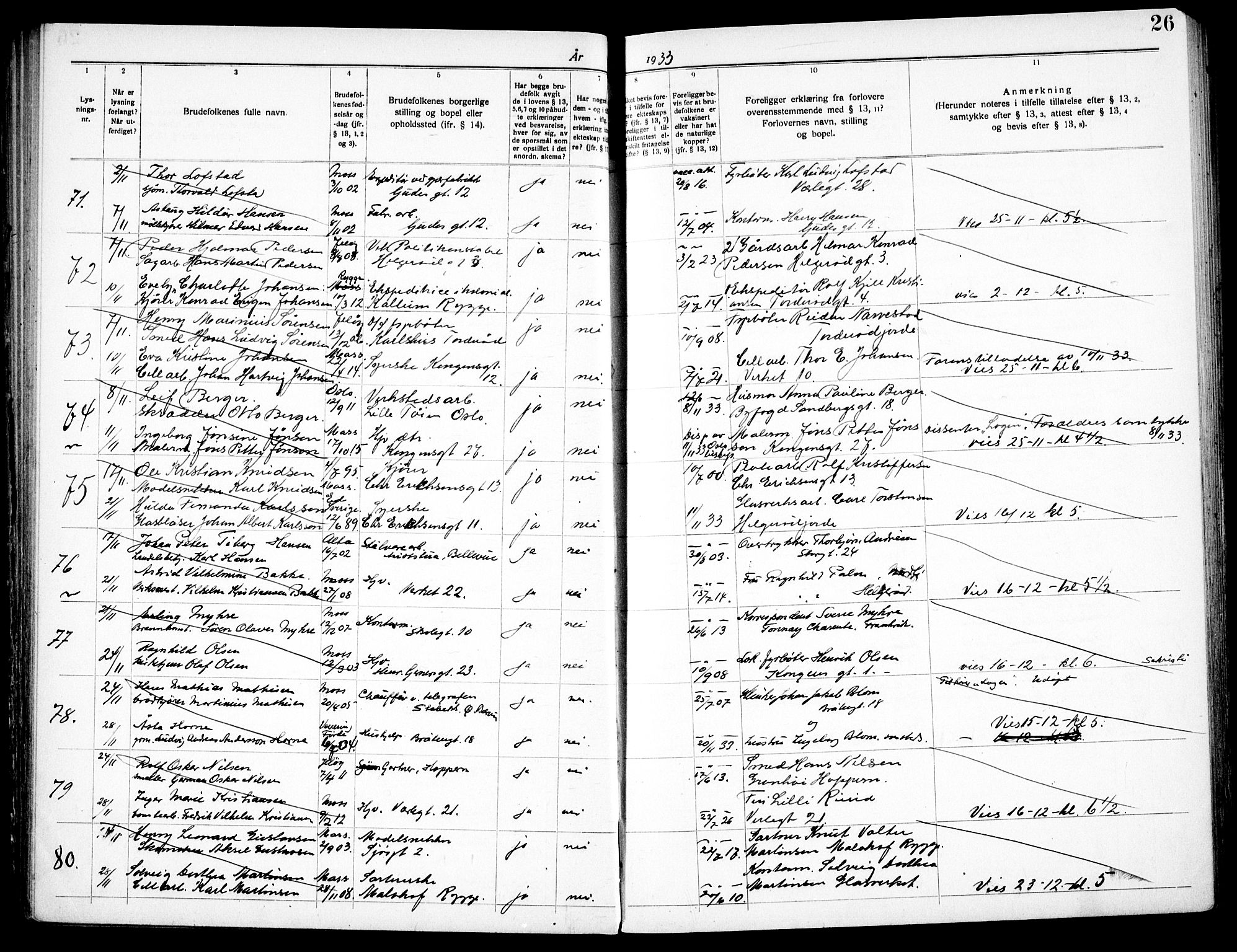 Moss prestekontor Kirkebøker, AV/SAO-A-2003/H/Ha/L0003: Banns register no. 3, 1931-1939, p. 26