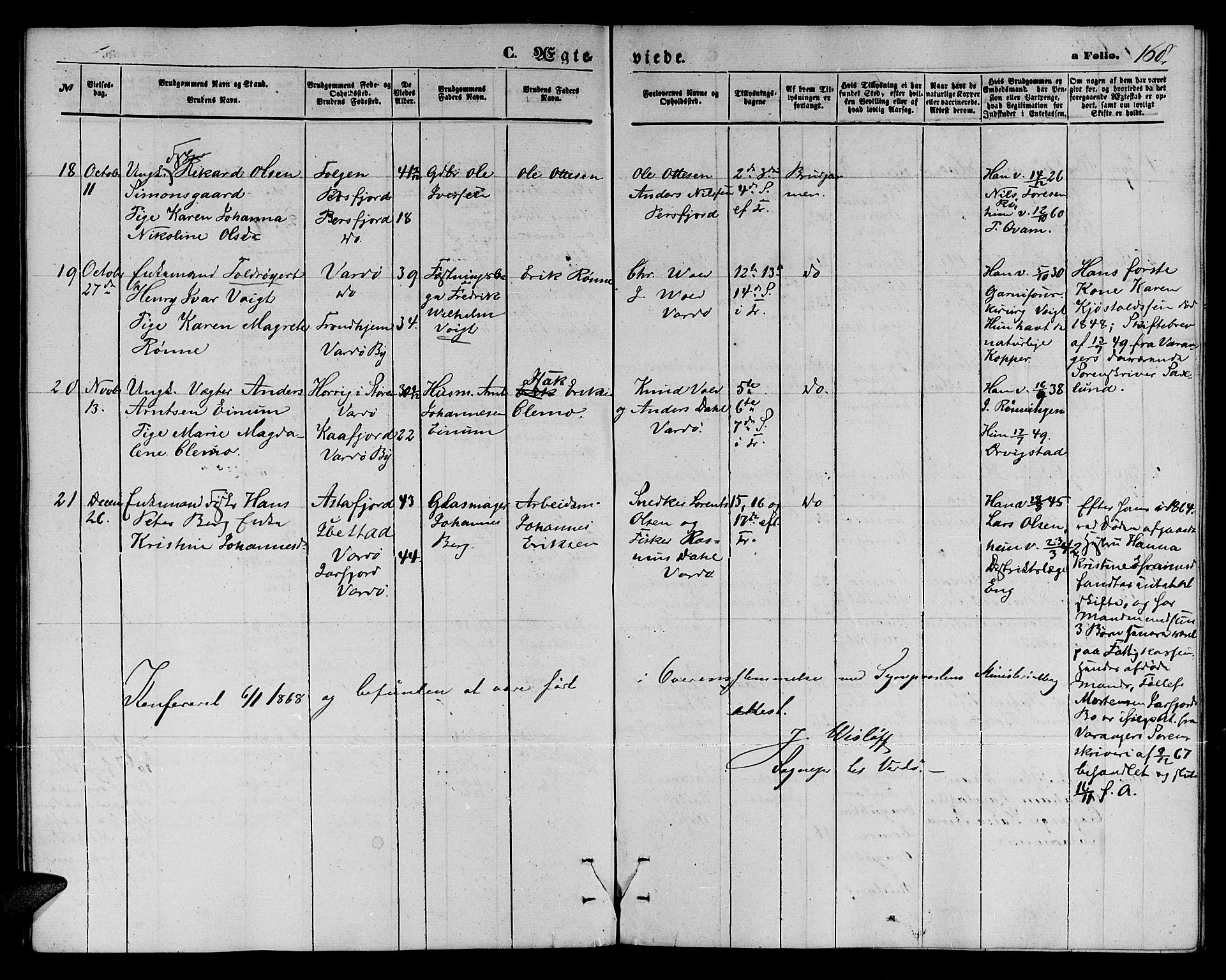 Vardø sokneprestkontor, AV/SATØ-S-1332/H/Hb/L0002klokker: Parish register (copy) no. 2, 1861-1870, p. 168