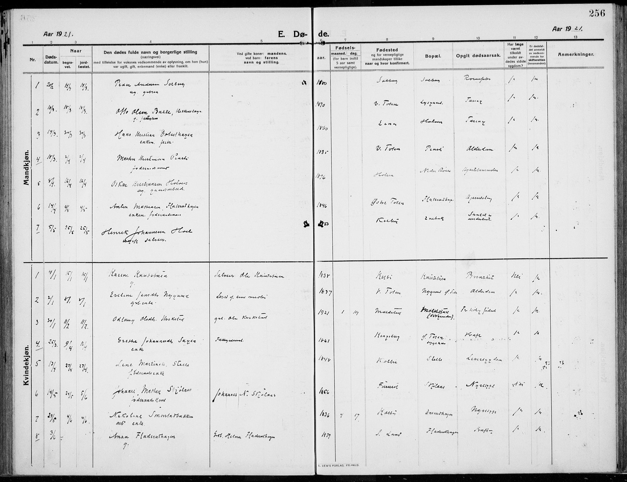 Kolbu prestekontor, SAH/PREST-110/H/Ha/Haa/L0002: Parish register (official) no. 2, 1912-1926, p. 256