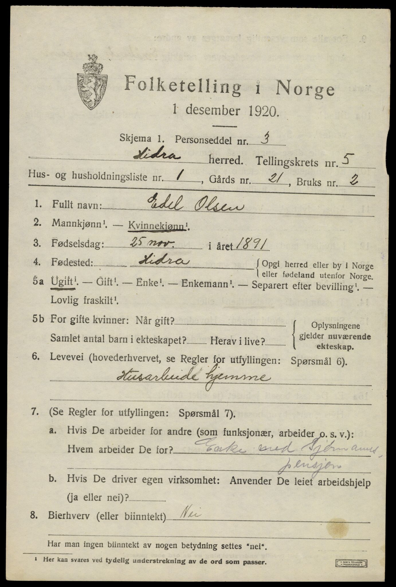 SAK, 1920 census for Hidra, 1920, p. 3512