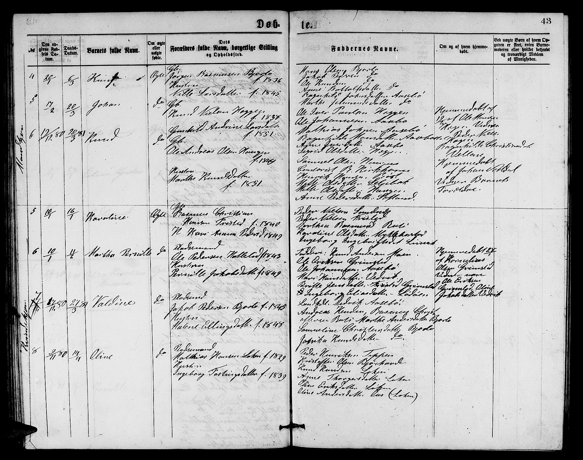 Eid sokneprestembete, AV/SAB-A-82301/H/Hab/Habb/L0001: Parish register (copy) no. B 1, 1877-1882, p. 43