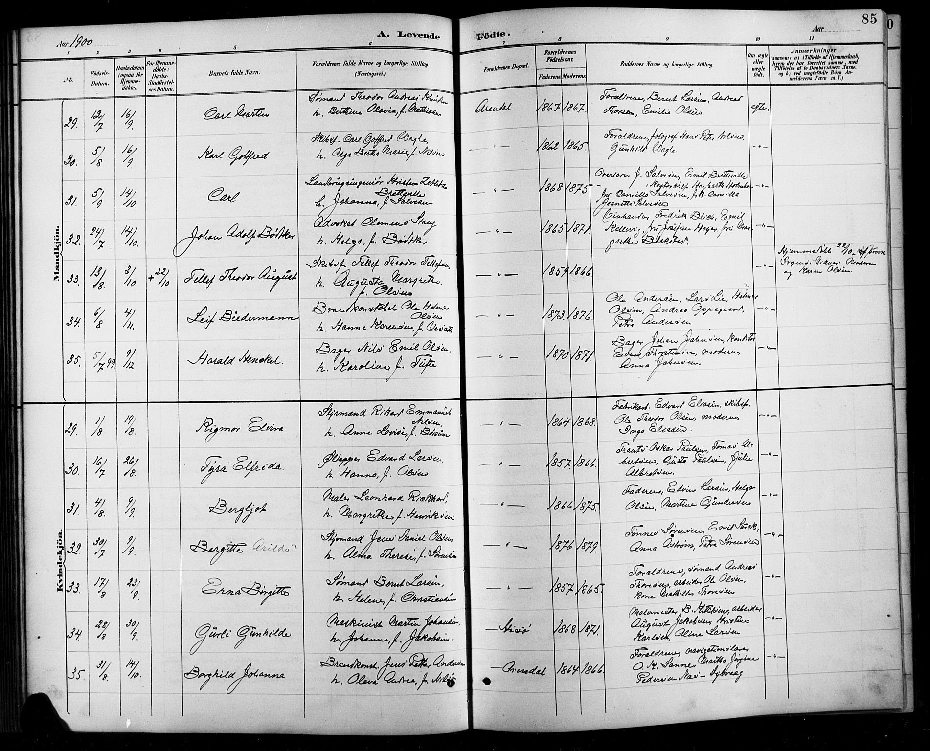 Arendal sokneprestkontor, Trefoldighet, SAK/1111-0040/F/Fb/L0006: Parish register (copy) no. B 6, 1889-1916, p. 85