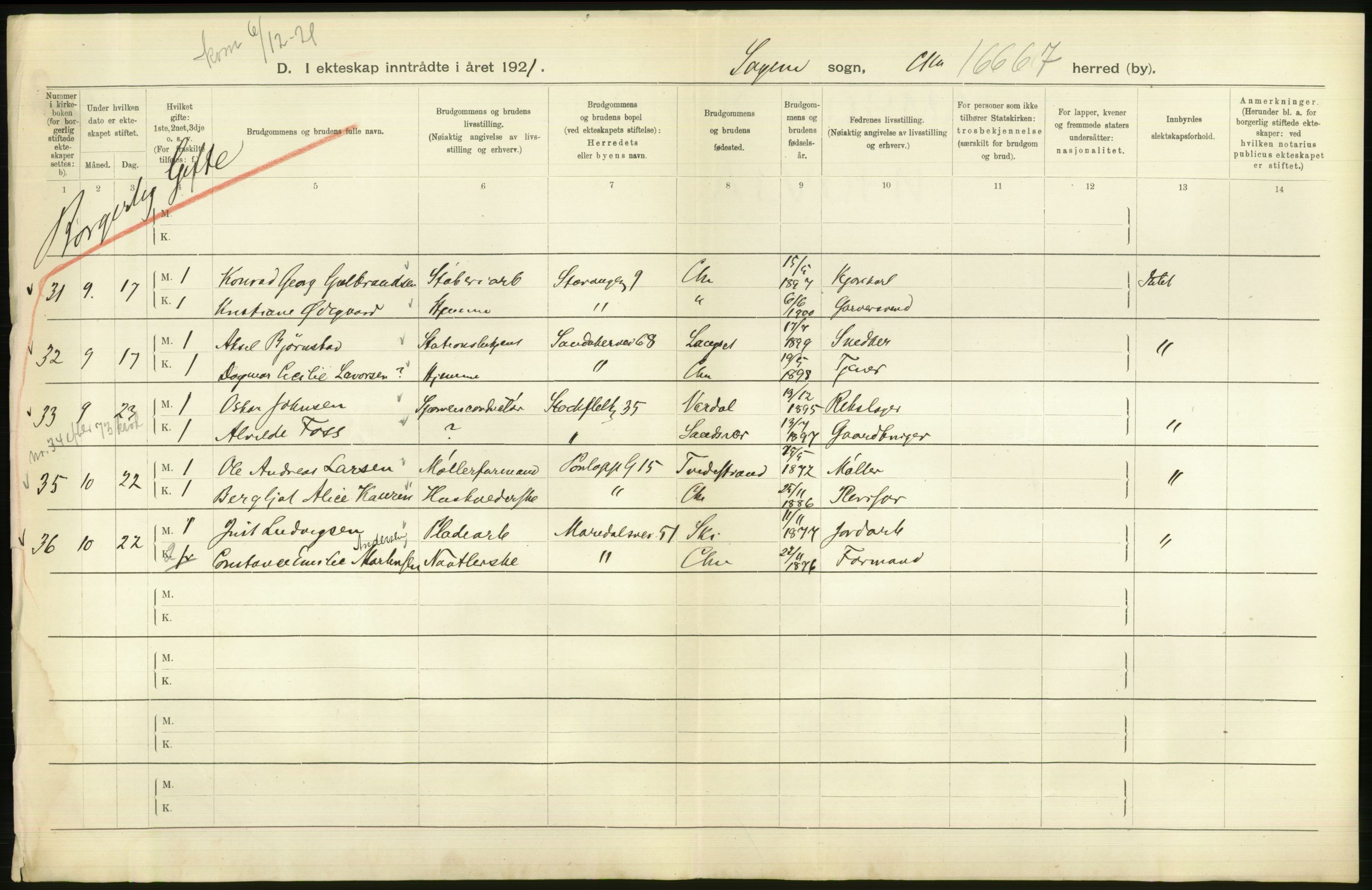 Statistisk sentralbyrå, Sosiodemografiske emner, Befolkning, AV/RA-S-2228/D/Df/Dfc/Dfca/L0011: Kristiania: Gifte, 1921, p. 408