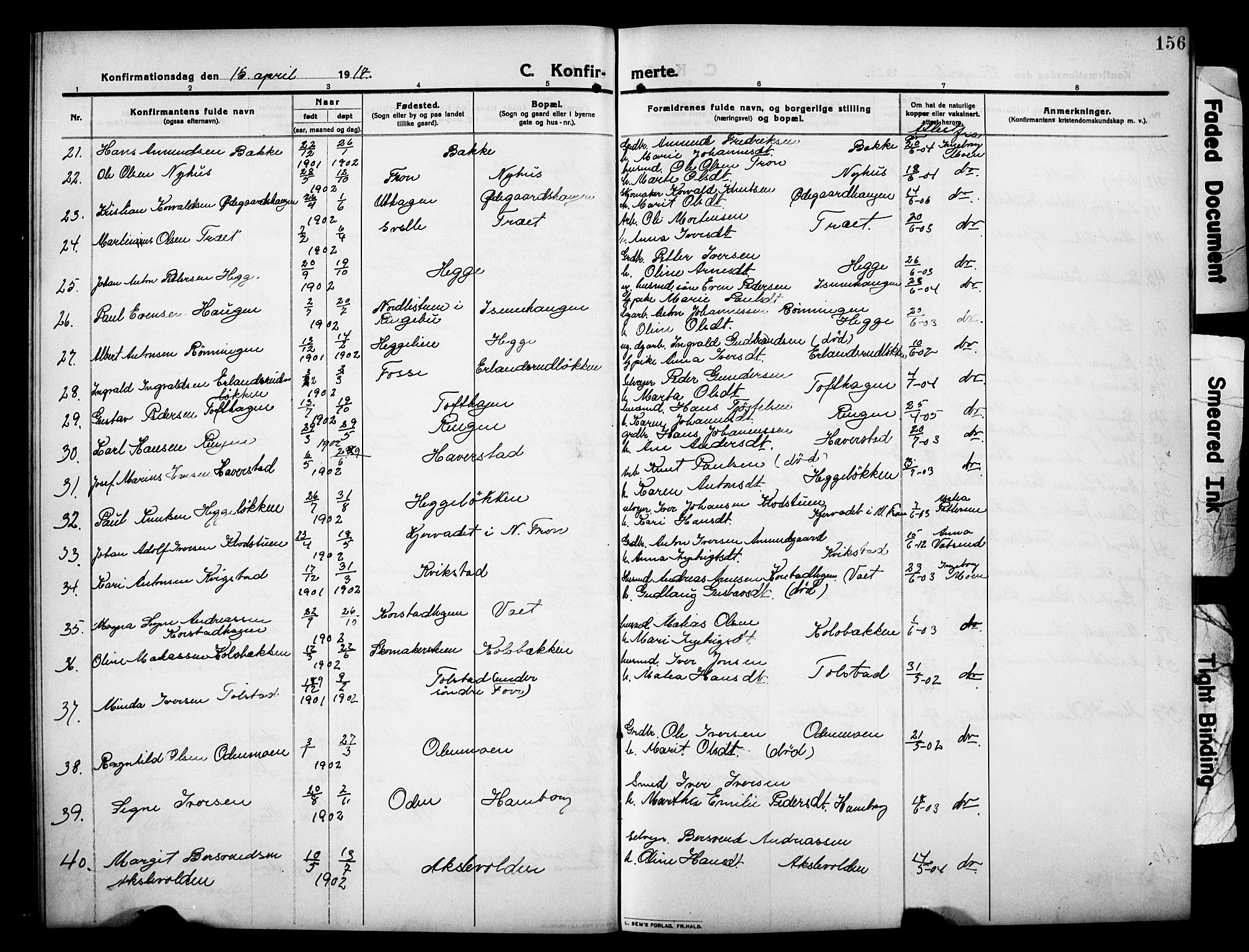 Sør-Fron prestekontor, AV/SAH-PREST-010/H/Ha/Hab/L0005: Parish register (copy) no. 5, 1912-1930, p. 156