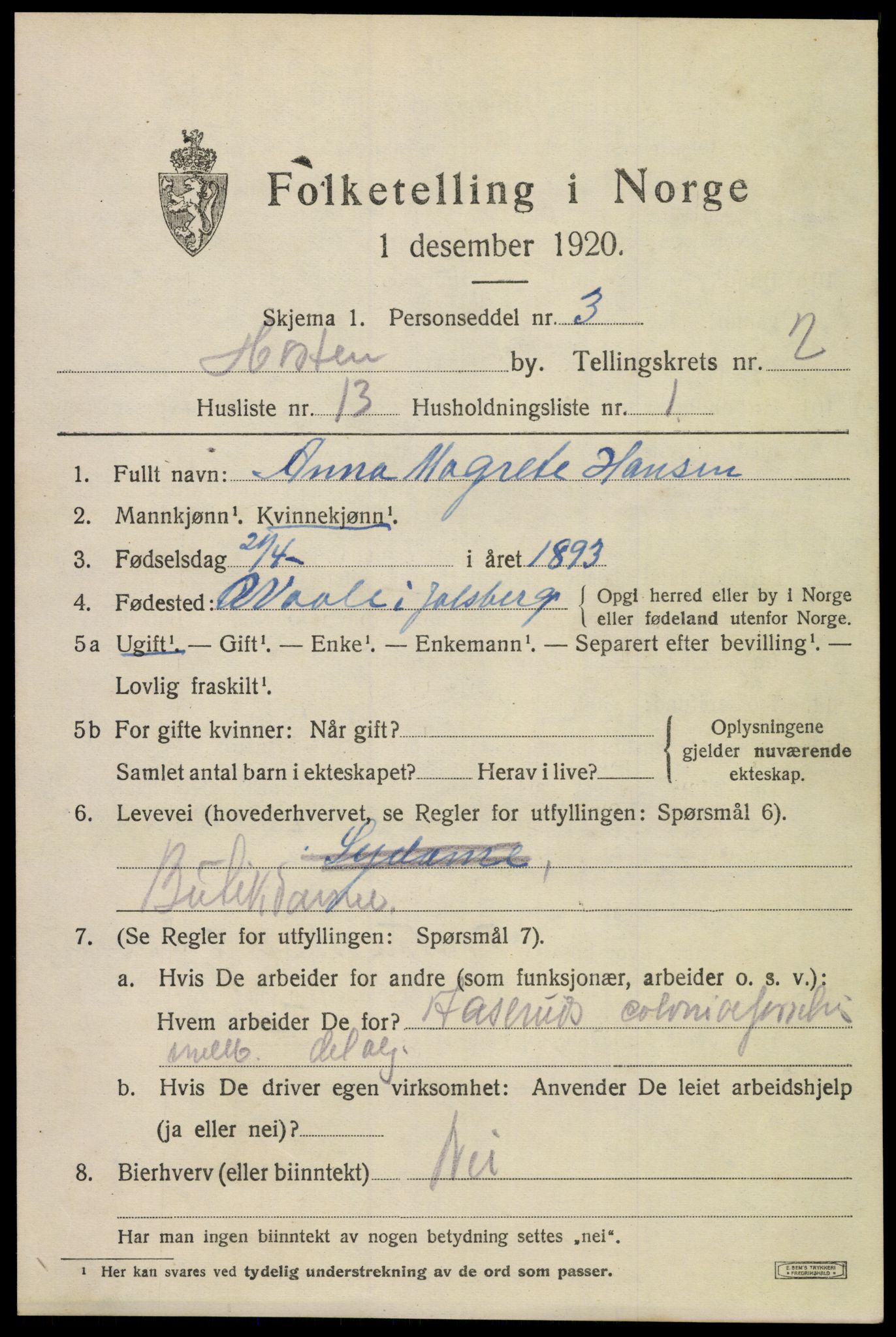 SAKO, 1920 census for Horten, 1920, p. 10361