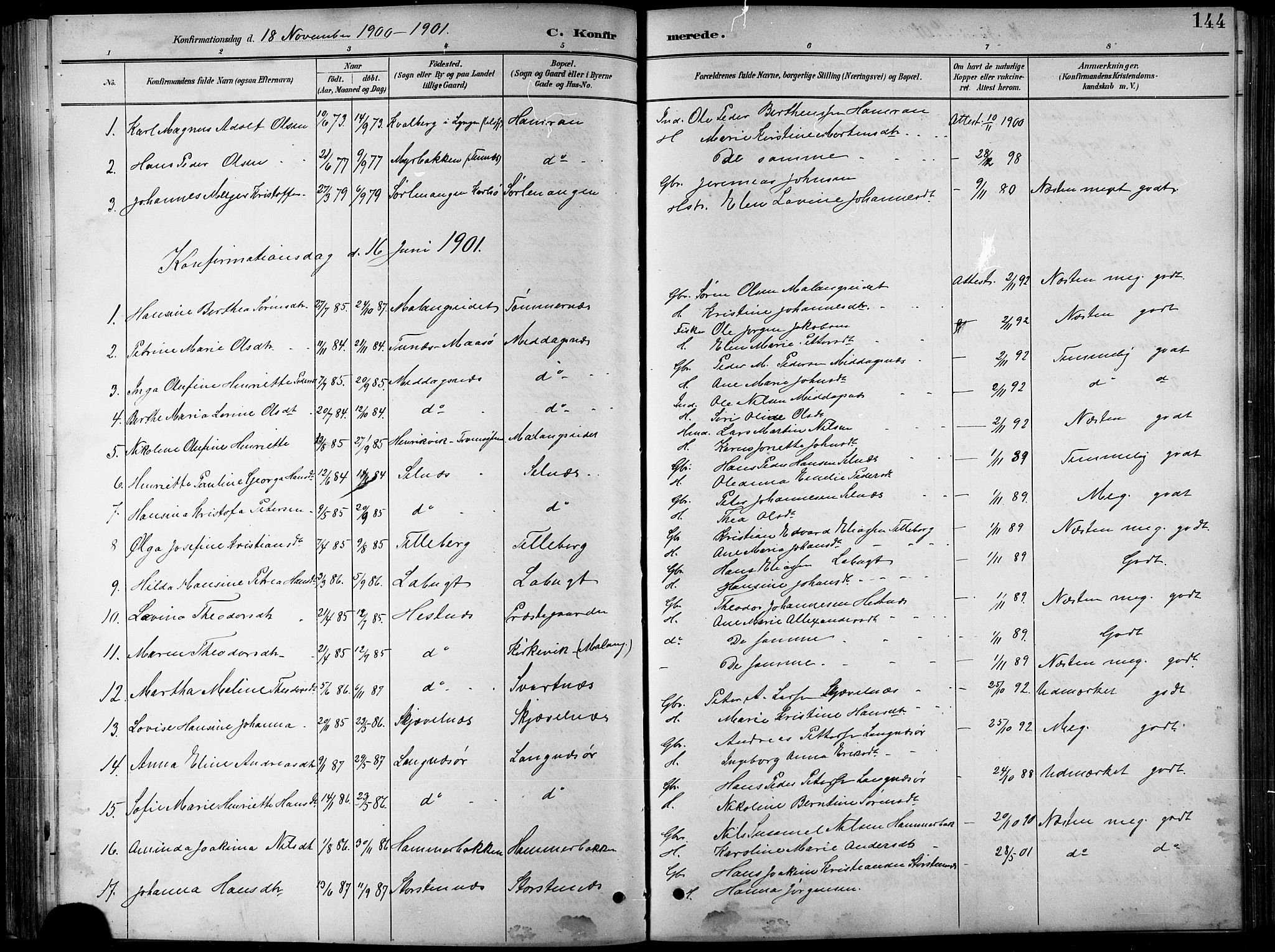 Balsfjord sokneprestembete, SATØ/S-1303/G/Ga/L0008klokker: Parish register (copy) no. 8, 1890-1906, p. 144