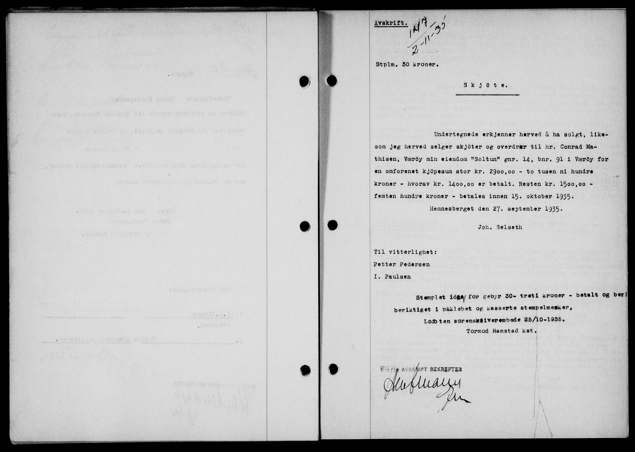 Lofoten sorenskriveri, SAT/A-0017/1/2/2C/L0032b: Mortgage book no. 32b, 1935-1935, Deed date: 15.11.1935