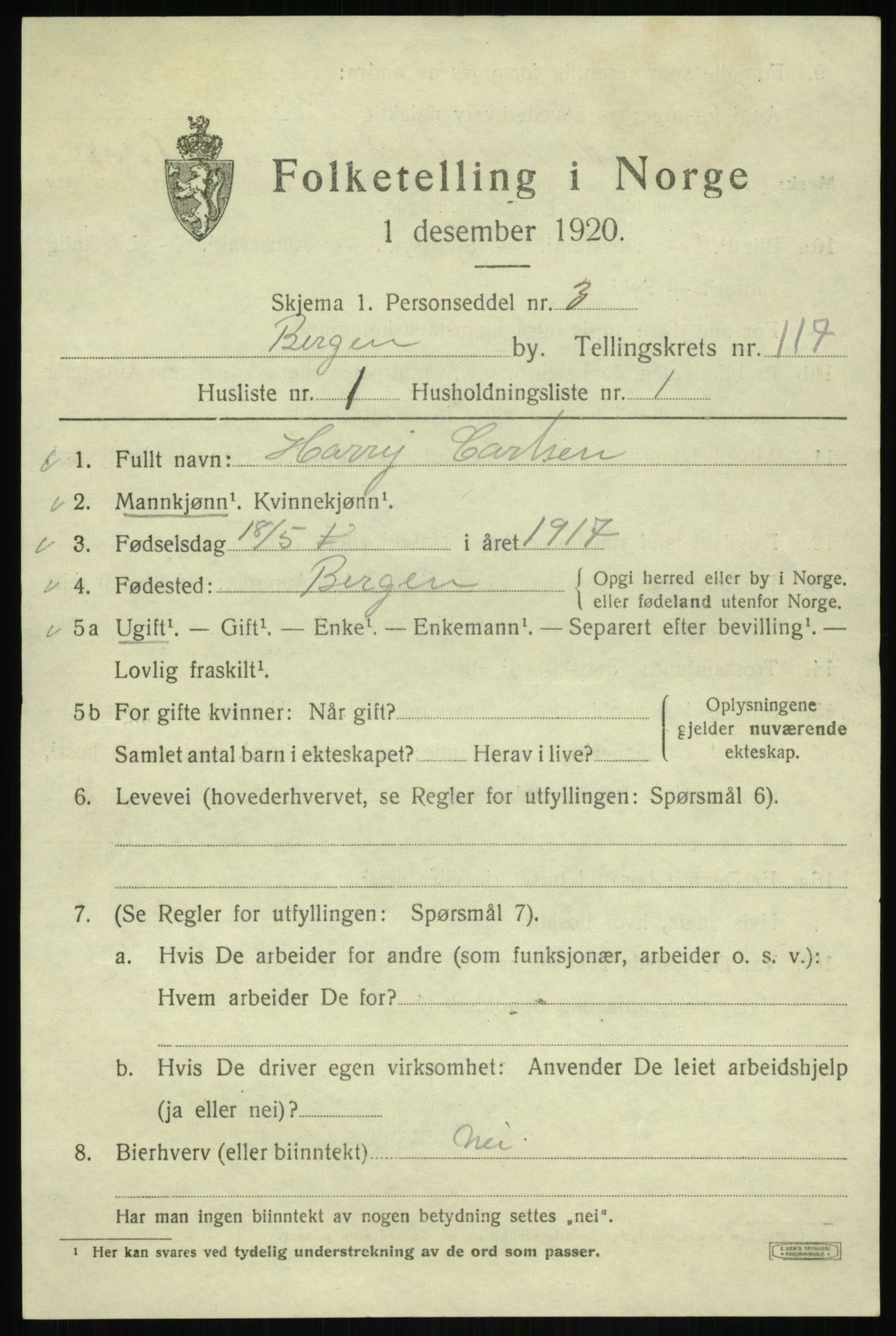 SAB, 1920 census for Bergen, 1920, p. 197745