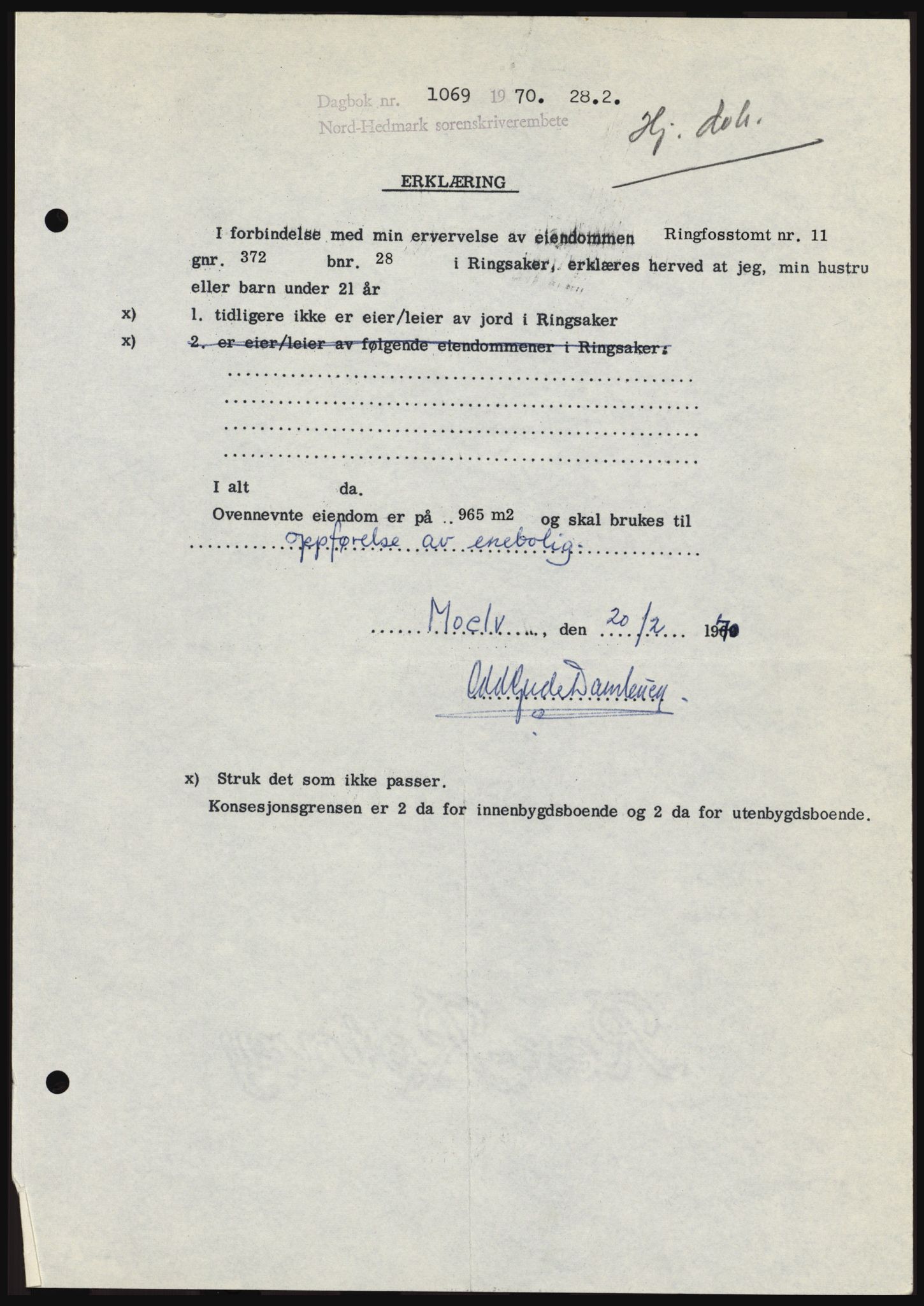 Nord-Hedmark sorenskriveri, SAH/TING-012/H/Hc/L0033: Mortgage book no. 33, 1970-1970, Diary no: : 1069/1970