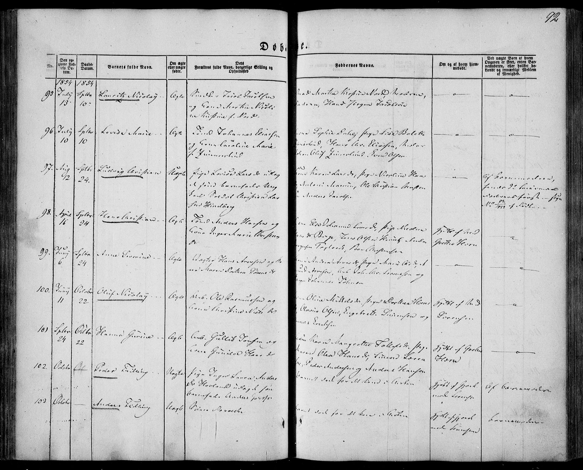 Larvik kirkebøker, AV/SAKO-A-352/F/Fa/L0003: Parish register (official) no. I 3, 1848-1856, p. 92