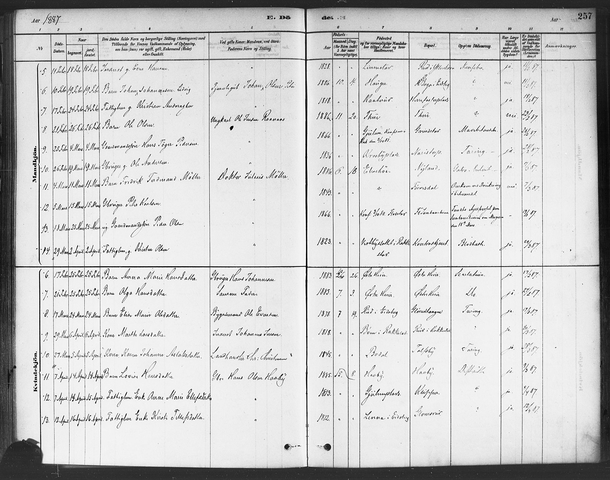 Rakkestad prestekontor Kirkebøker, AV/SAO-A-2008/F/Fa/L0012: Parish register (official) no. I 12, 1878-1893, p. 257