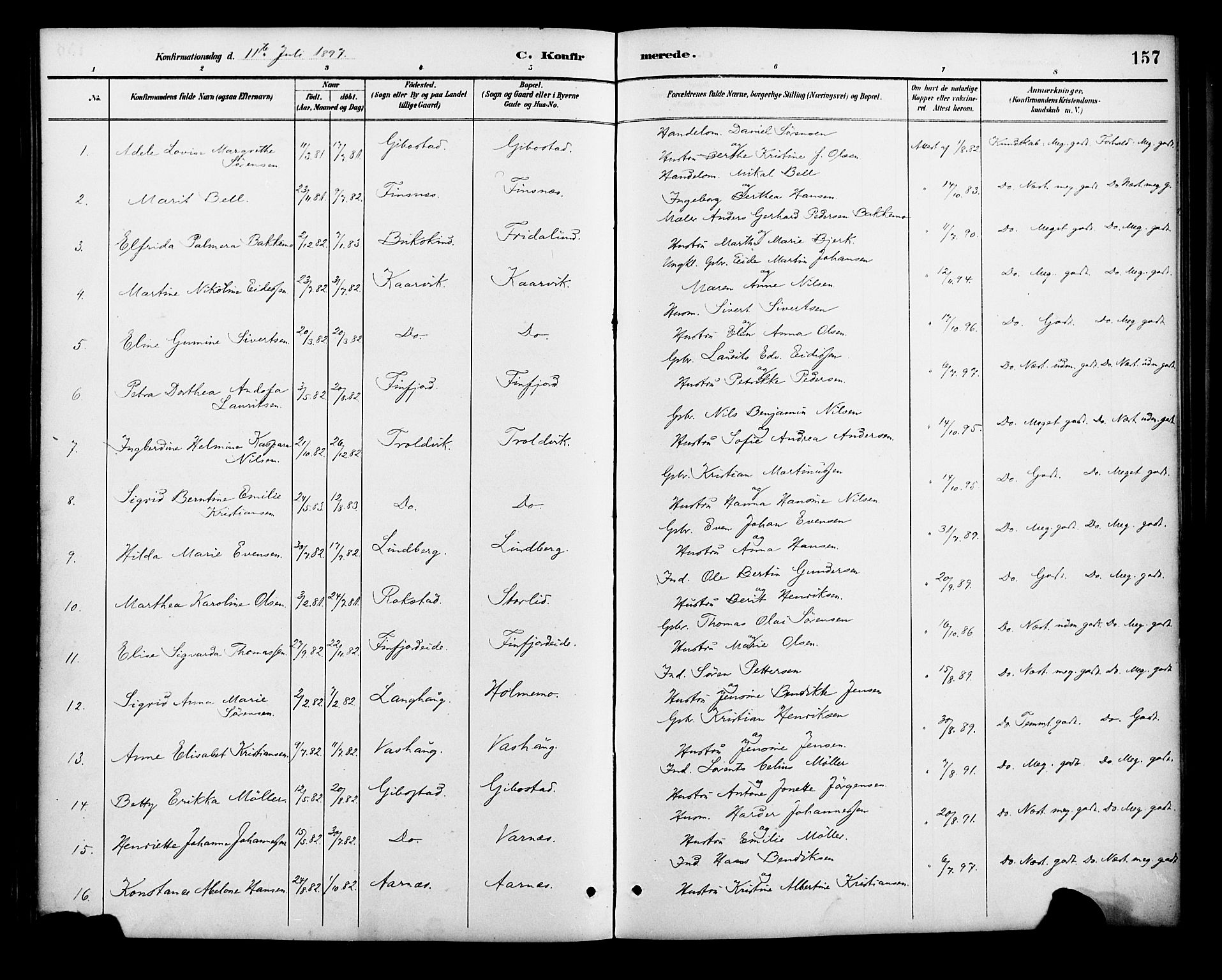 Lenvik sokneprestembete, SATØ/S-1310/H/Ha/Haa/L0013kirke: Parish register (official) no. 13, 1890-1898, p. 157