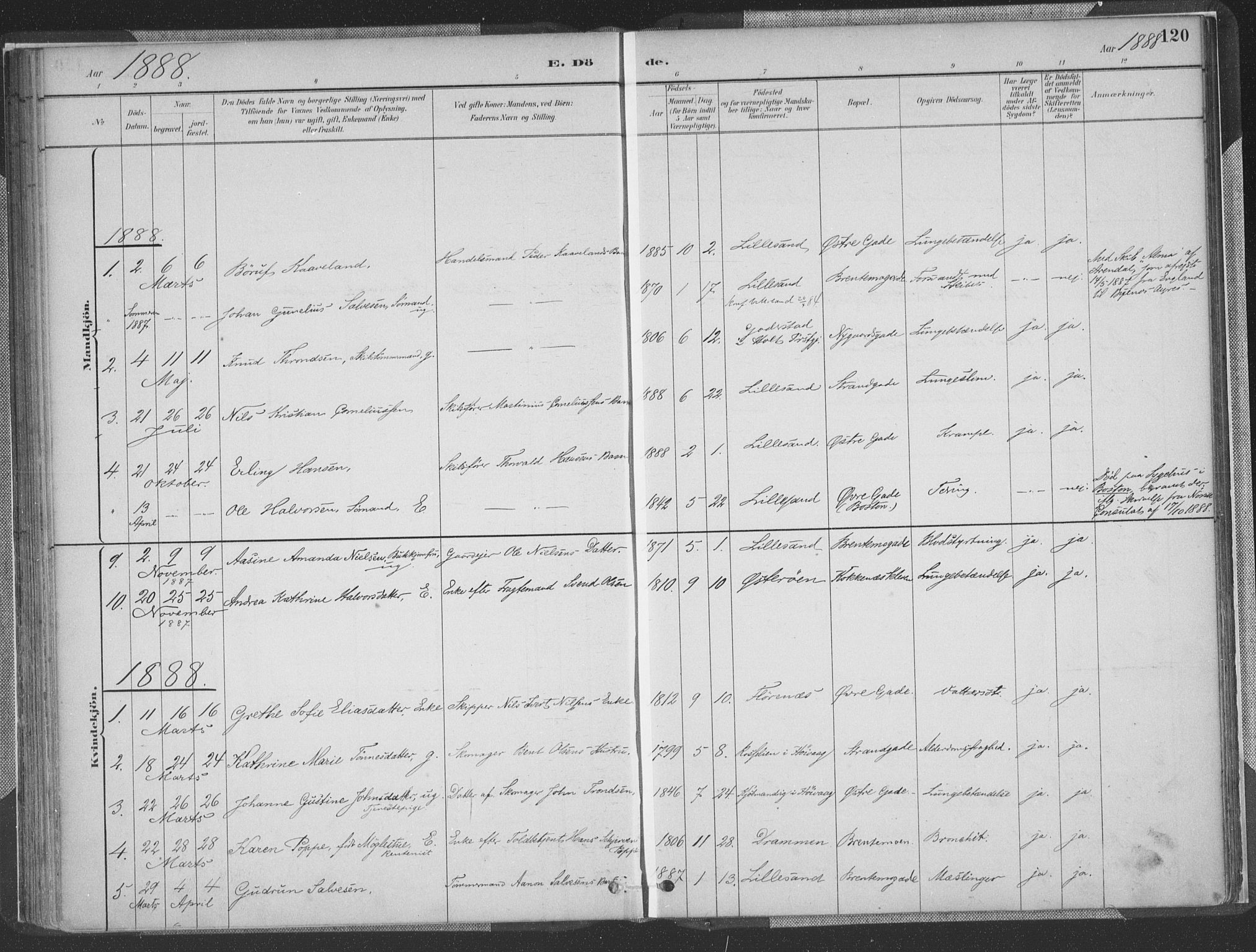 Vestre Moland sokneprestkontor, SAK/1111-0046/F/Fa/Faa/L0001: Parish register (official) no. A 1, 1884-1899, p. 120